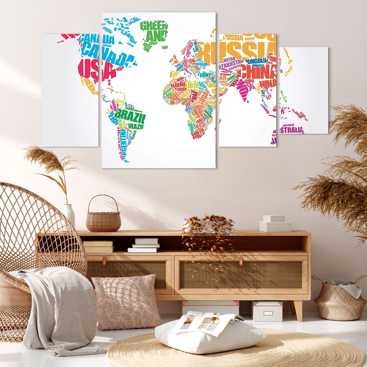 ARTTOR Obraz na płótnie w ramie Mapa Słowa Świat geografia Nowoczesny 160x90cm Dekoracja ścienna Salon Sypialnia Kuchnia 4 elementy Obrazy Art Foto Duży XXL Sztuka na ścianę Canvas DL160x90-2860