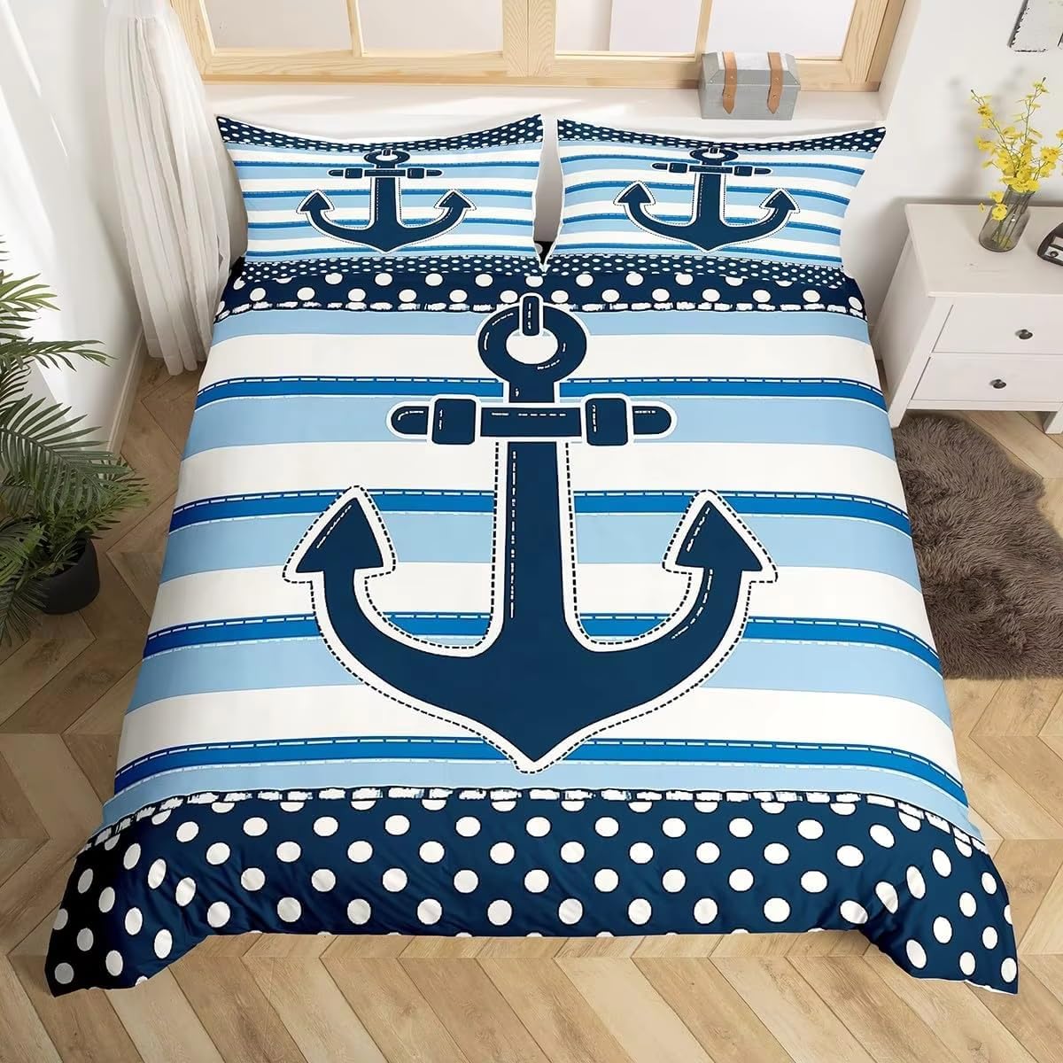 NDXRWDZR Double Duvet Cover Set Nautical Anchor Duvet Cover with Zipper Closure Bedding for Aldults Kids Soft Hypoallergenic Microfiber Quilt Cover 200x200 cm + 2 Pillowcases 50x75 cm
