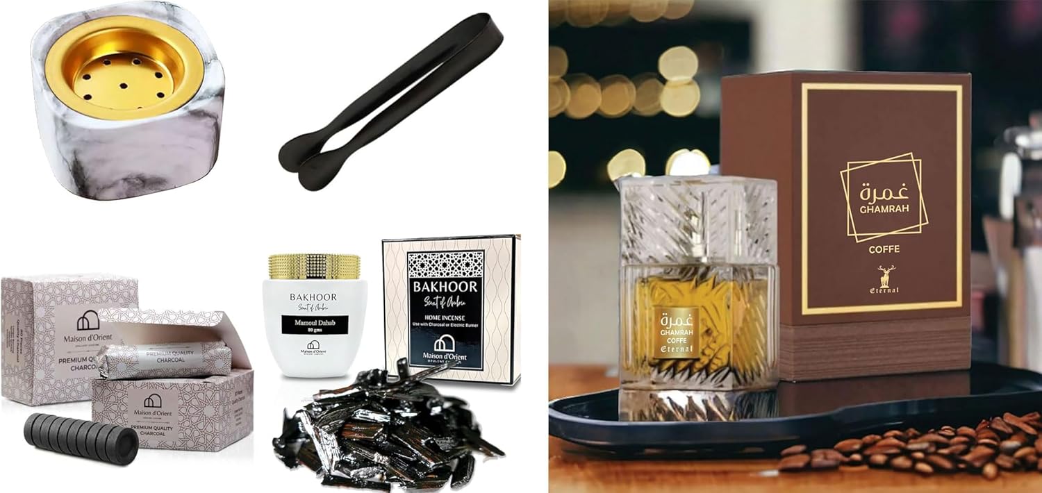 Maison d'Orient Arabian Fragrance & Incense Bundle: Bakhoor Kit with Burner & Accessories + Ghamrah Coffee EDP (100 ML) – Unisex Spicy Gourmand Perfume with Coffee, Praline, and Vanilla Notes