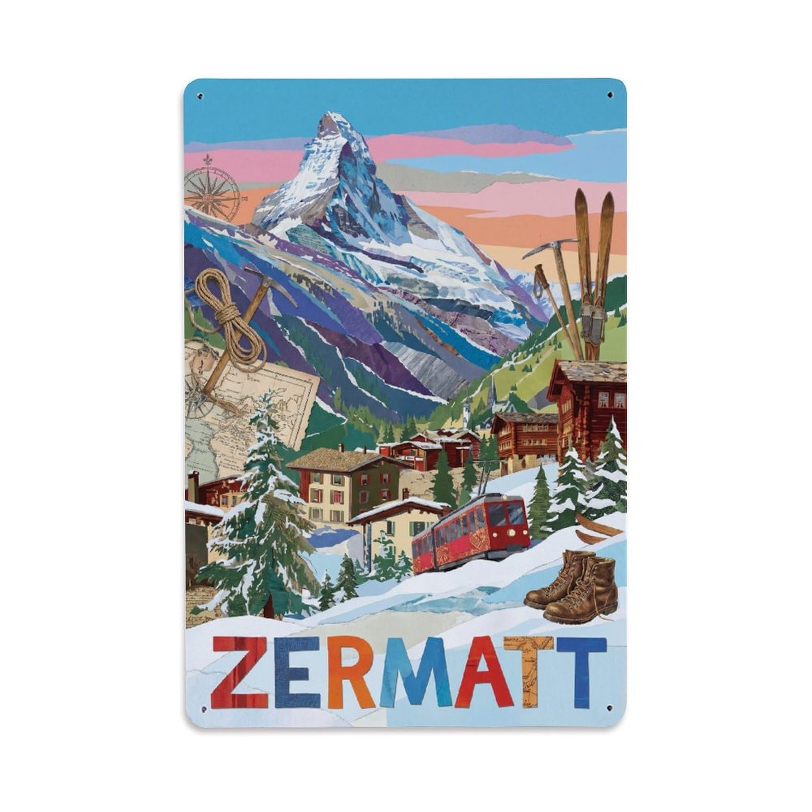 Olhnbad Style Matterhorn Zermatt Switzerland Collage Alpine Travel Metal Tin Sign
