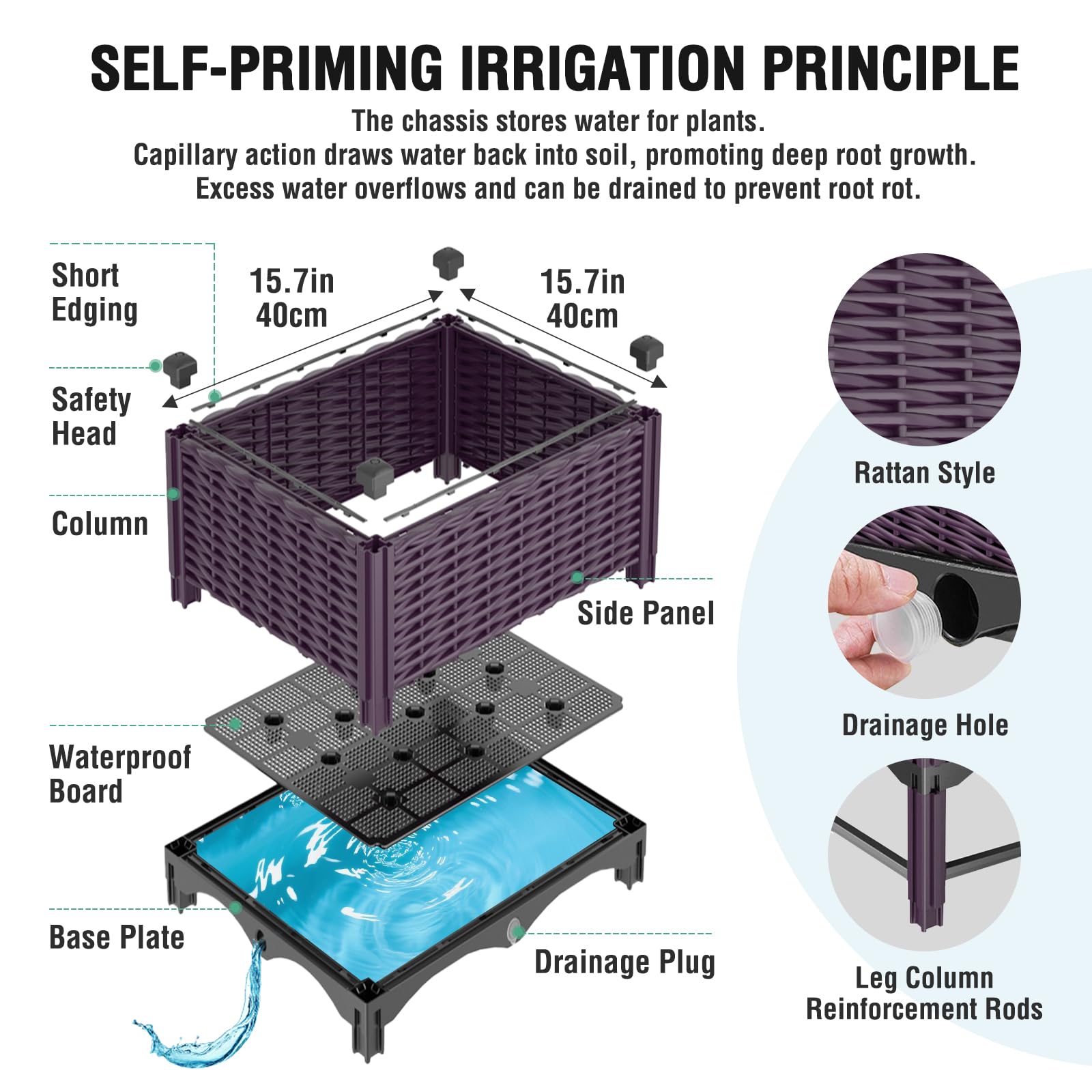 Klippehop Raised Garden Bed with Reinforcement Rods Elevated Planter Boxes for Outdoor Plants with Drainage Holes for Flowers Vegetables Herbs Patio Backyard Deck Balcony, Purple 31.5x15.7x13.8 in - 5