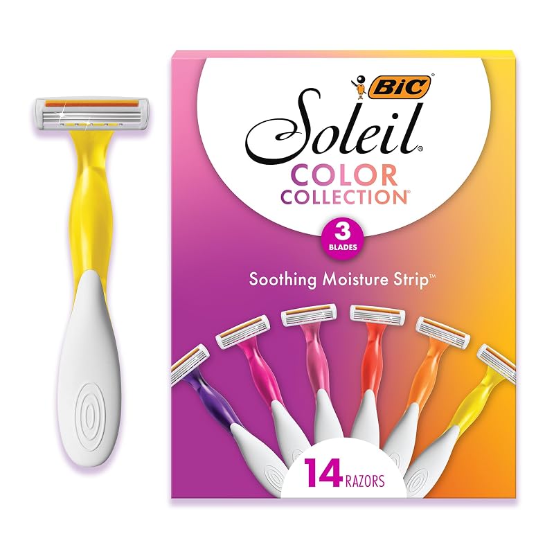 BIC Soleil 3 Colors Aparelhos de Barbear Descartáveis Femininos com 3 Lâminas e Faixa com Aloe vera, Pacote com 14