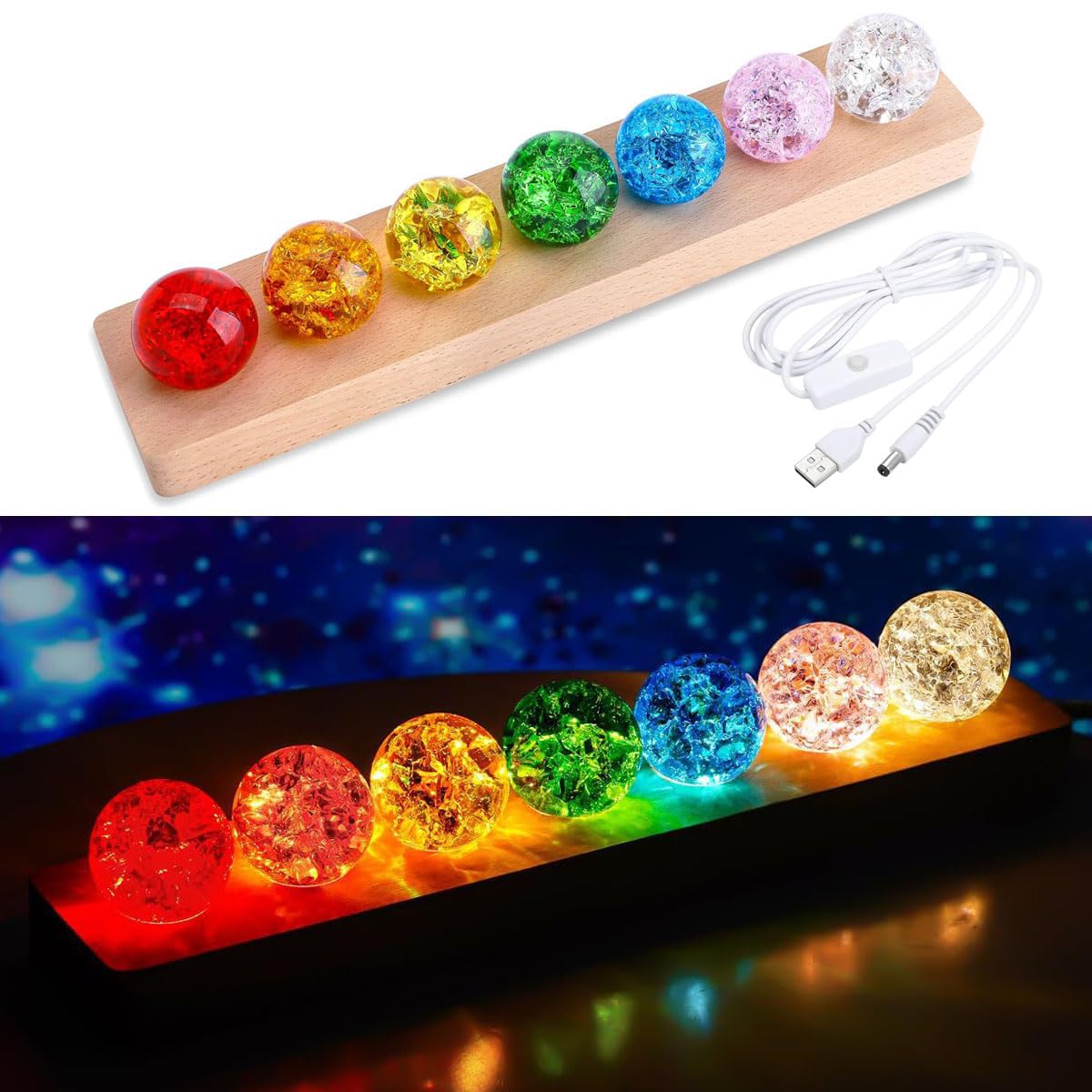 7 Colors Ice Cracked Glass Balls with Led Wooden Base?40mm Crystal Healing Sphere Balls for Home Living Room Night Light Decor Ornaments