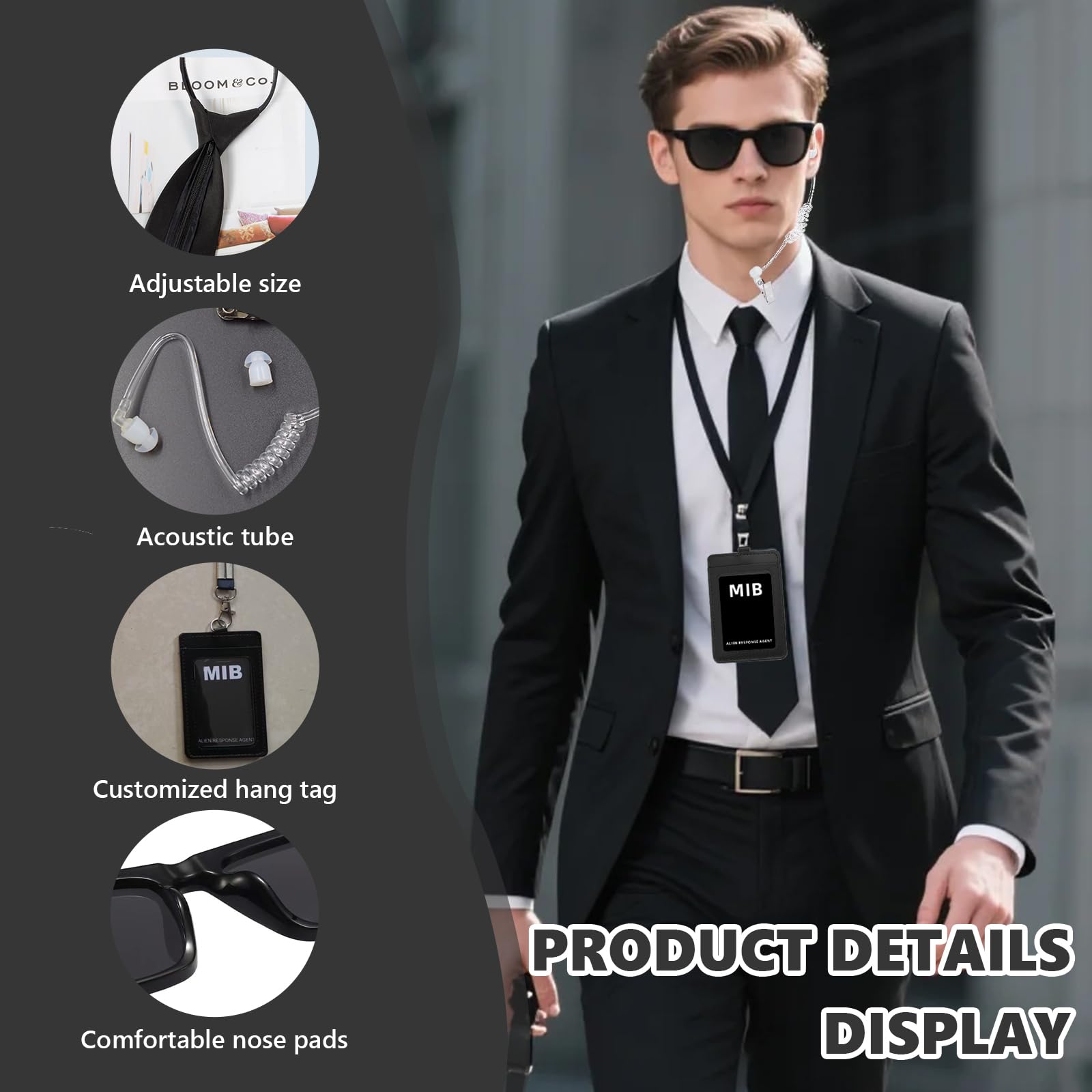 SNBUHA 6 Pcs Agent Costume Accessories Set, Secret Security Guard Outfit Kit with Glasses Necktie Earpiece ID Badge - Image 3