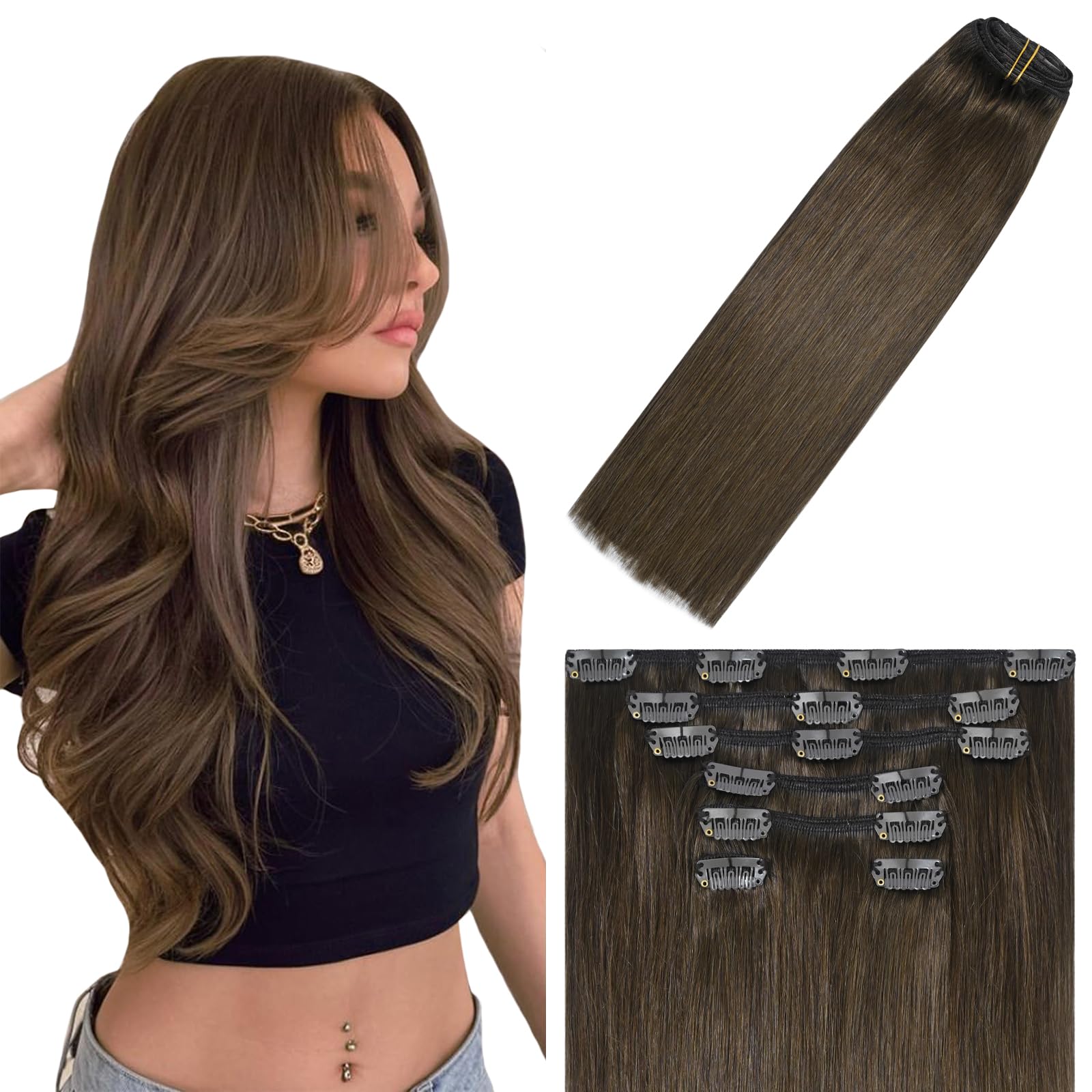 WindTouch Clip in Hair Extensions 115g Real Human Hair Brown Hair Extensions 22 inch Medium Brown Long Straight Human Hair