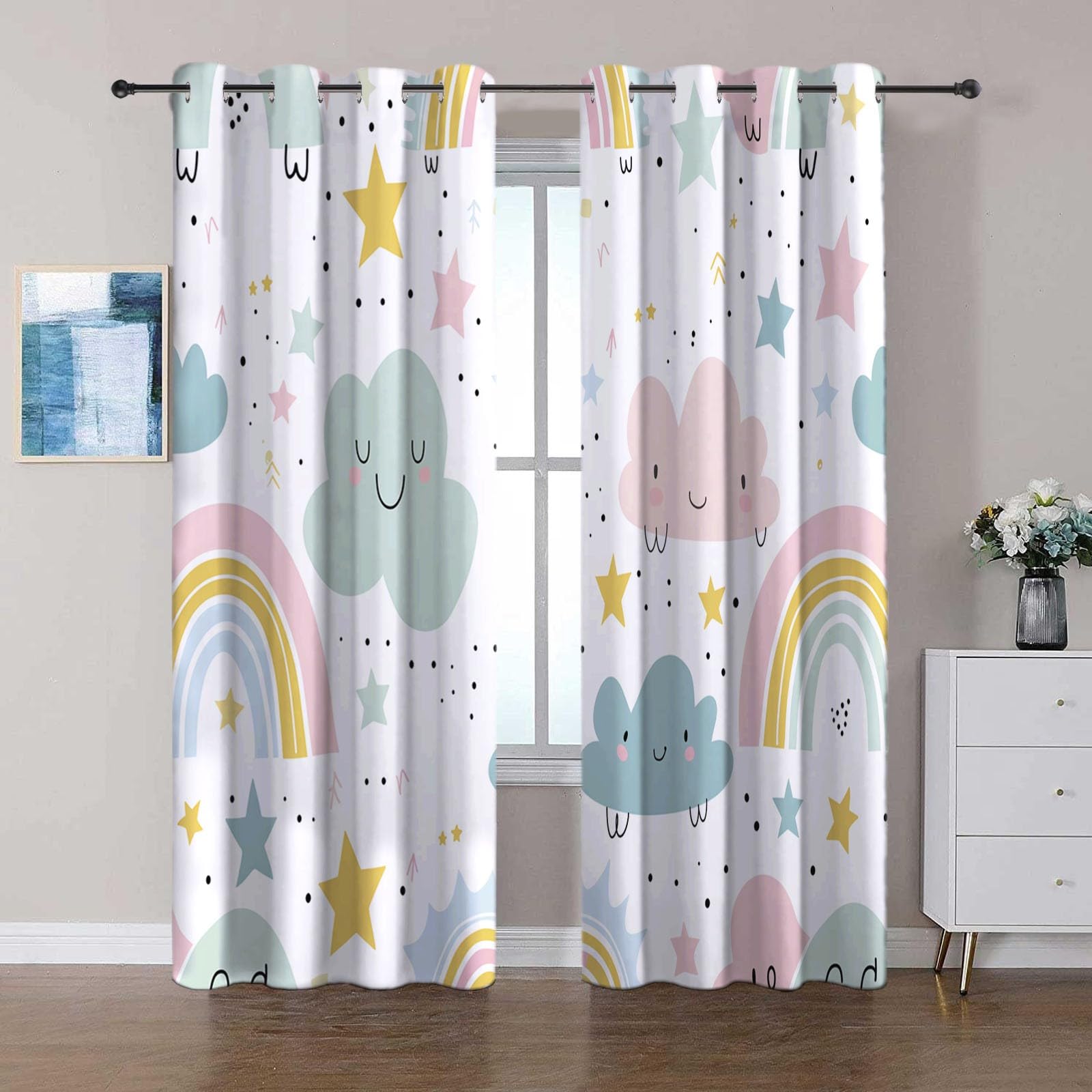 CozyRest Zasłony termiczne na przelotkach, tęczowe chmury i gwiazdy - 233 x 137 cm, izolacja i redukcja hałasu, zasłony do pokoju dziecięcego dla chłopców i salonu