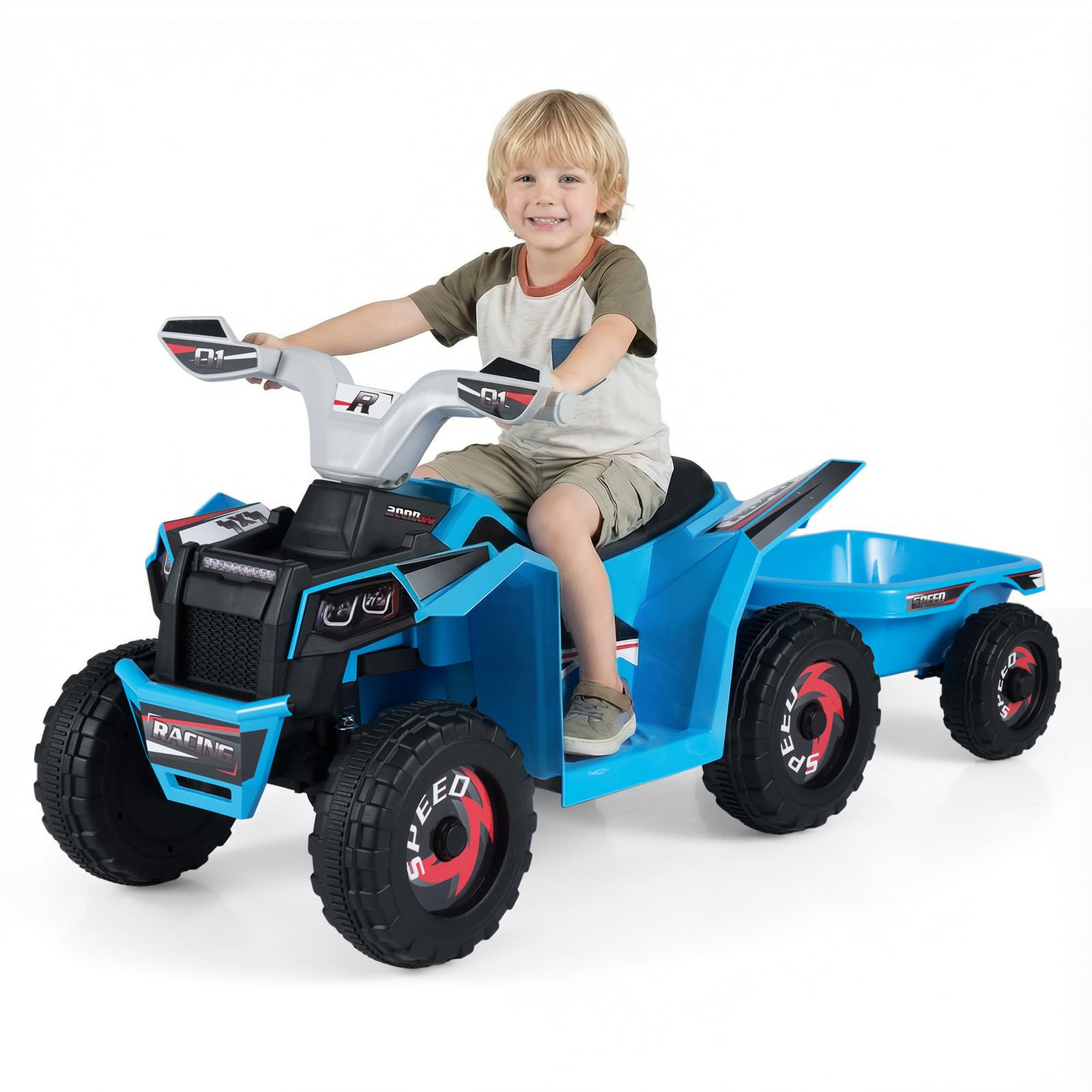 GYMAX Kids Electric Quad Bike, 6V Battery Powered Toy Car with Removable Trailer and Forward/Backward/Reverse Button, Children Ride on ATV for 3+ Years Old (Blue)