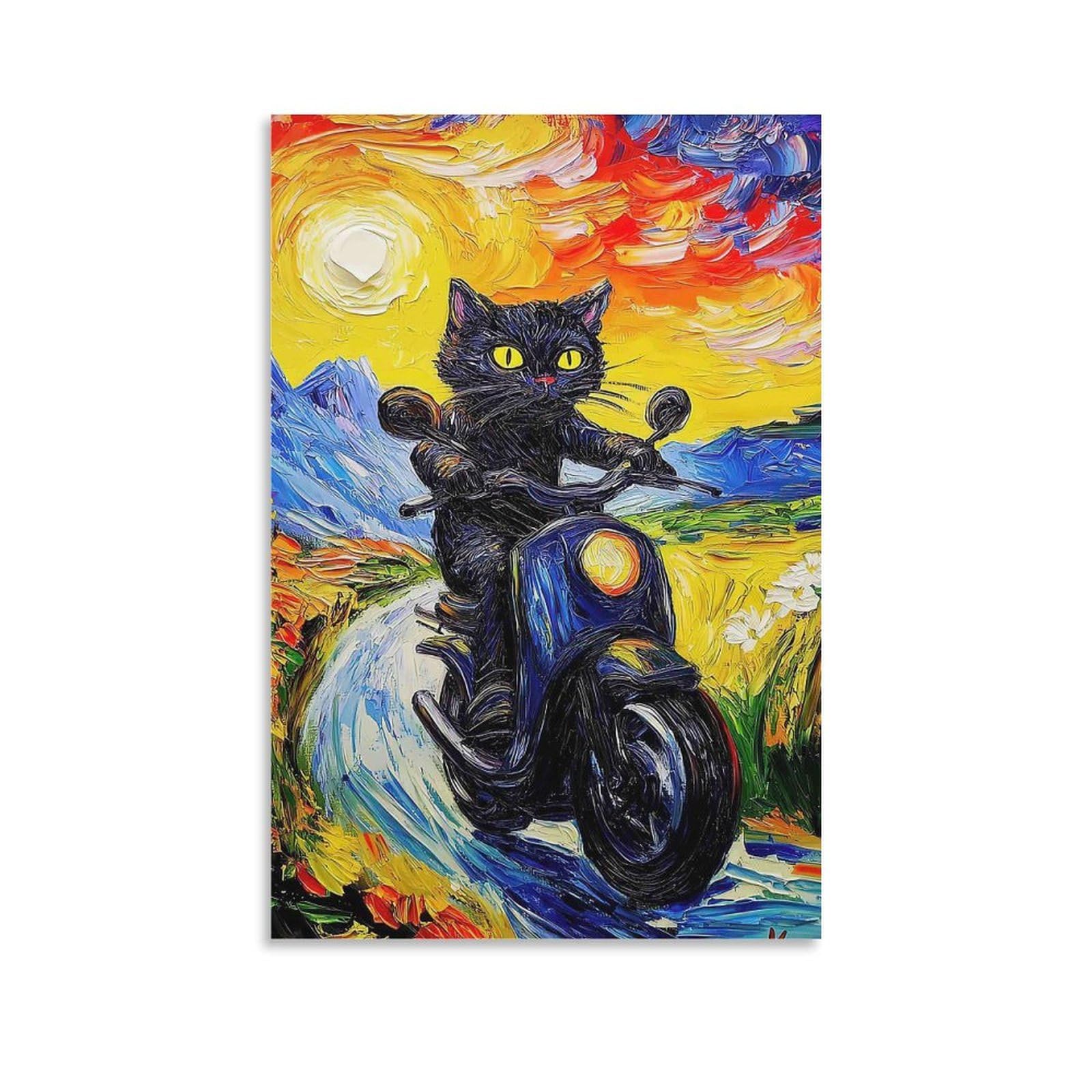 Tableau chat noir moto déco murale salon qui exprime votre liberté