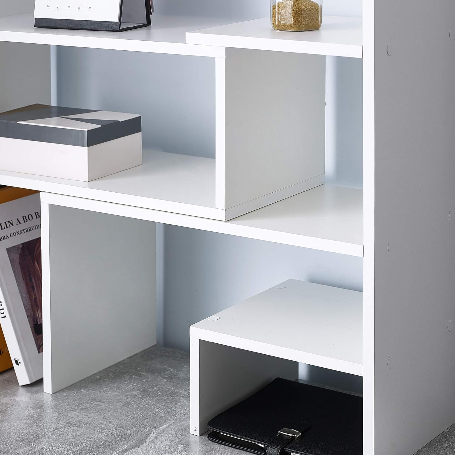 White Adjustable Compact Desk Bookshelf with Cubes