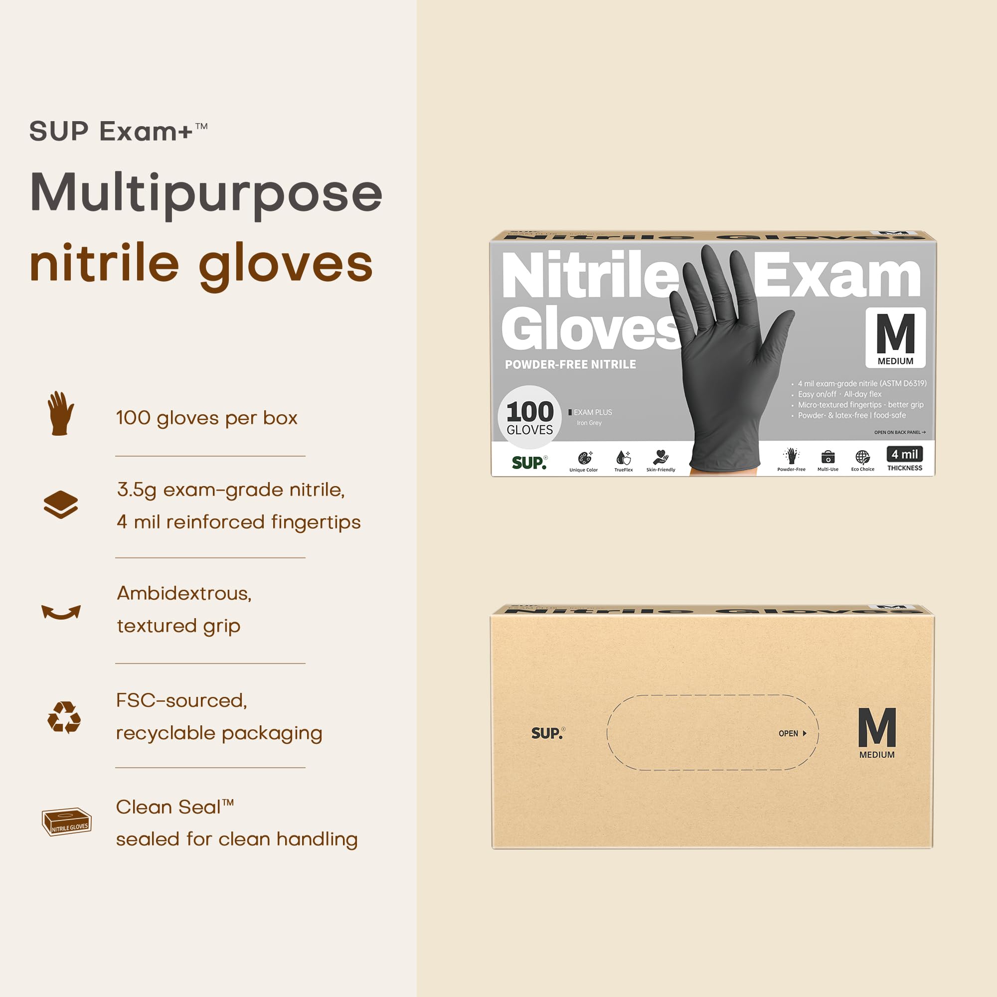 SUP Nitril-Untersuchungshandschuhe, puderfrei, latexfrei, lebensmittelecht, chemobewertet, unsteril, Einmalhandschuh, eisengrau, 100 Stück (Medium)