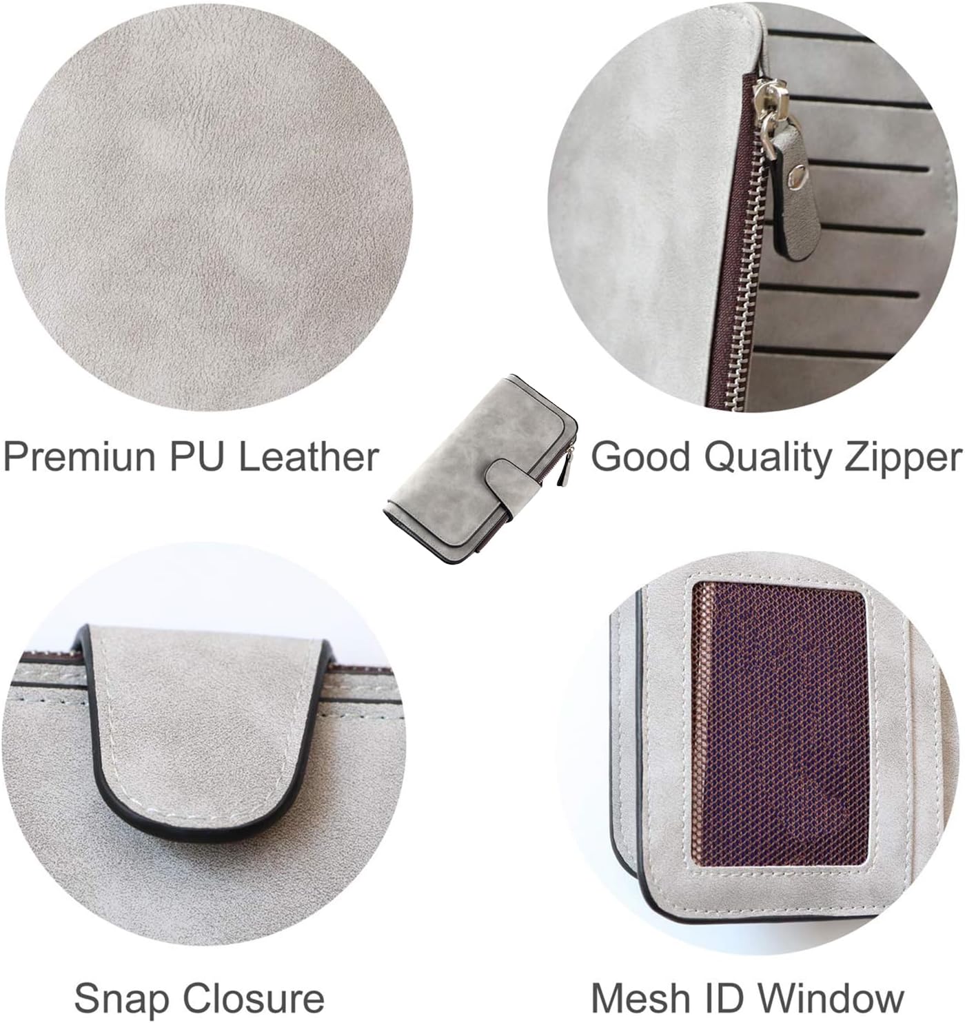 Women's Wallets Leather RFID Blocking Slim Wallet Bifold Card Holder Card Cases With Zipper Coin Pocket ID Window (Gray) - Image 2