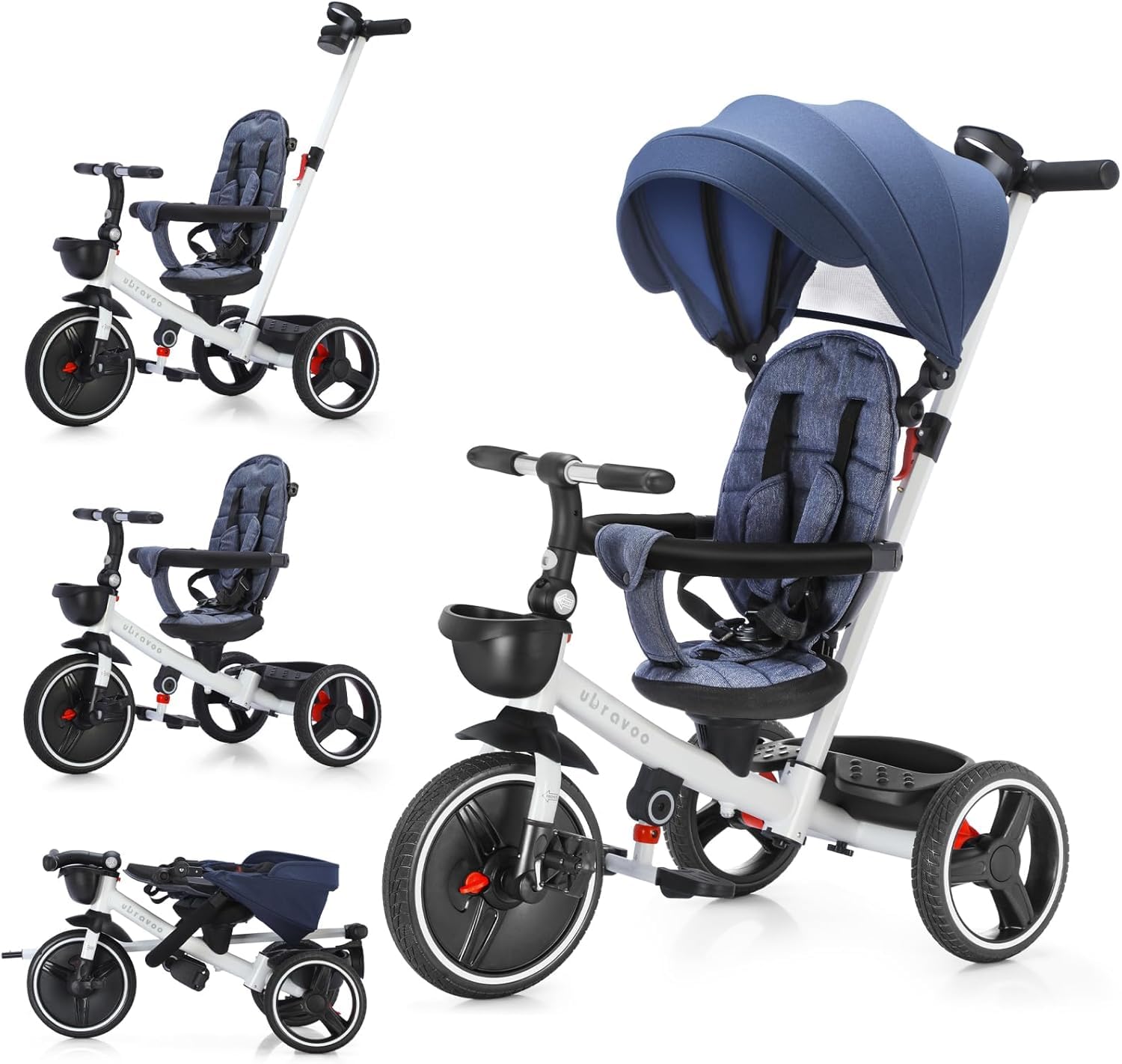 6 in 1 Baby Dreirad, lernendes Kleinkind-Fahrrad/Abnehmbare Leitplanke, Verstellbares Verdeck, Sicherheitsgurt, Stoßdämpfungsdesign, Getränkehalter und Korb