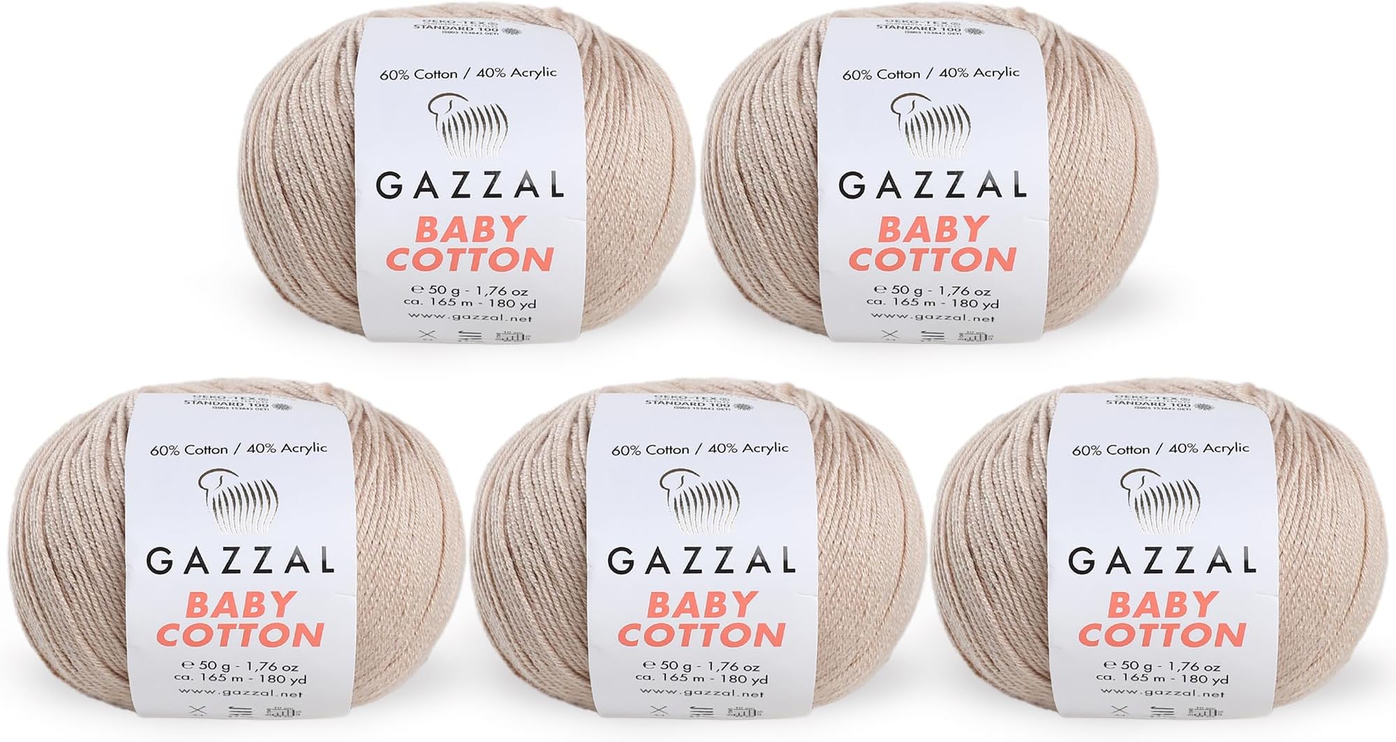 5 Skein (Pack) Total 8.8 Oz. Gazzal Baby Cotton Each 1.76 Oz (50g) / 150 Yrds (165m) Soft, Fine Baby Yarn, 60% Cotton, Beige - 3446