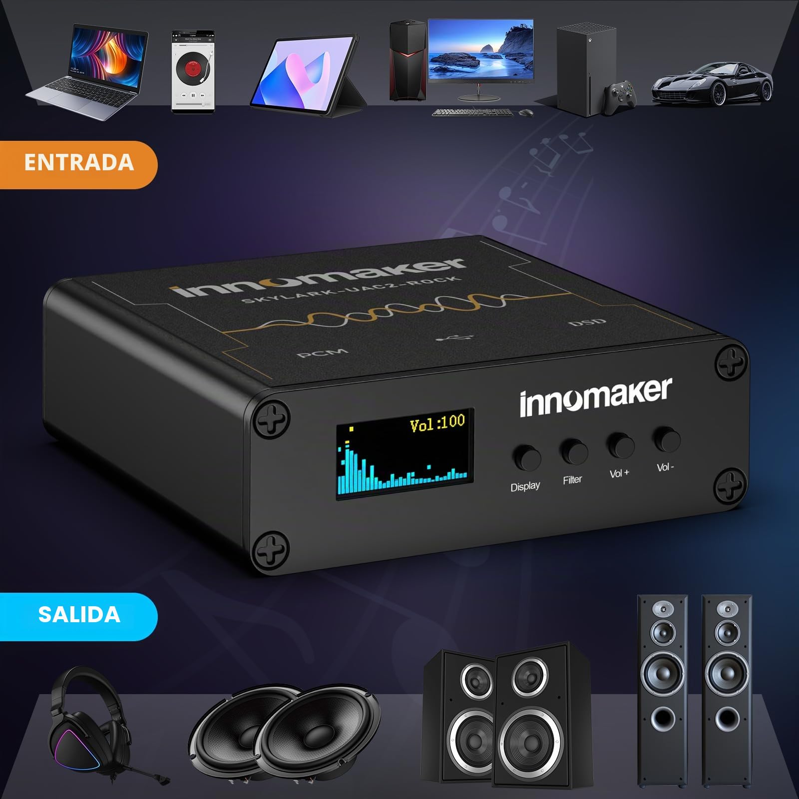 DAC USB HiFi/Amplificador de auriculares Salidas 3,5 mm/XLR ES9038Q2M PCM 32Bits/768kHz o DSD256 Pantalla FFT del espectro de audio Tarjeta de sonido para PC/ordenadores portátiles/SBC (no compatible