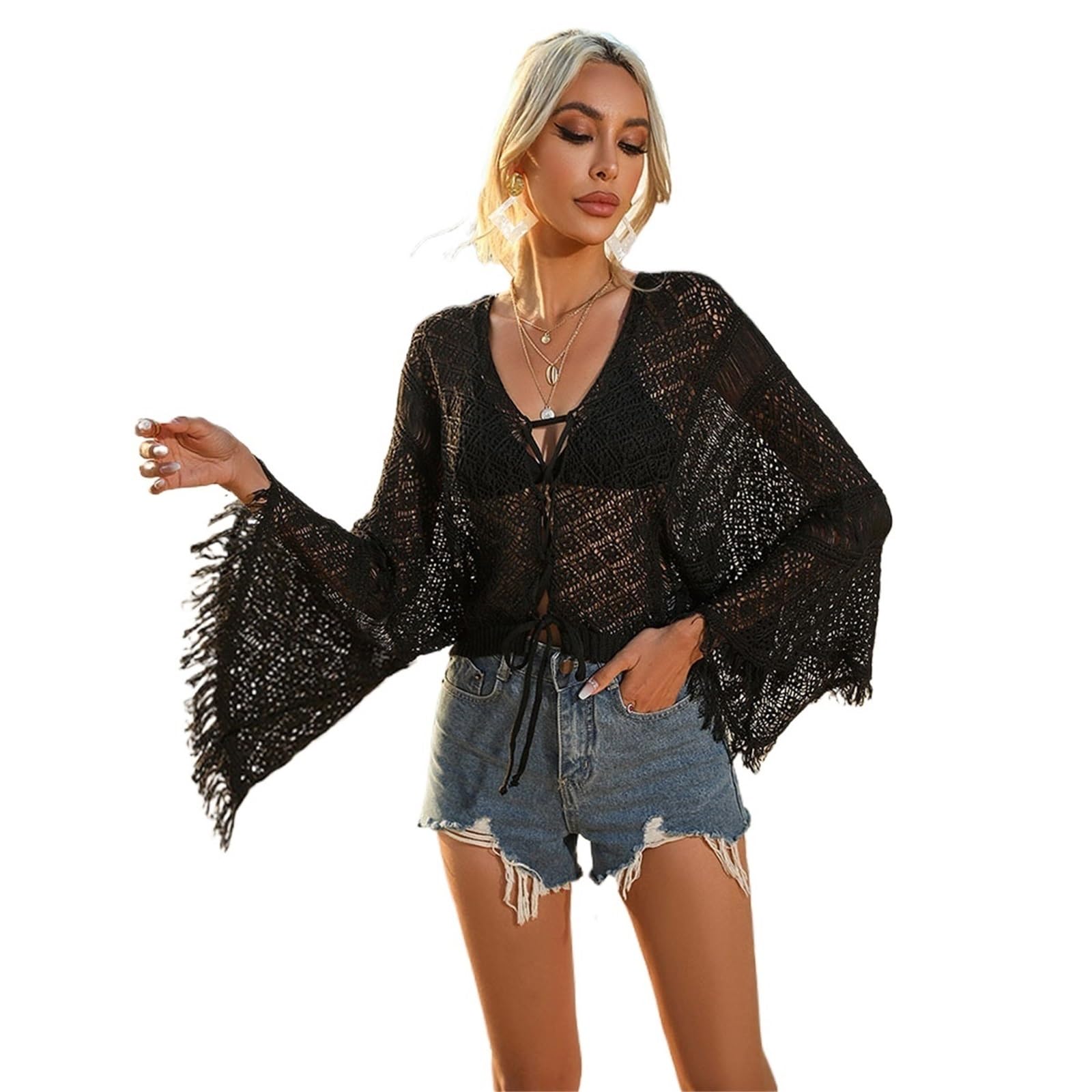 Copricostume Mare Copricostume da Spiaggia da Donna in Maglia all'Uncinetto con Conchiglie, con Nappa e Allacciatura sul Davanti, Maniche Lunghe Svasate, Bikini con Protezione Solare(Black,S)