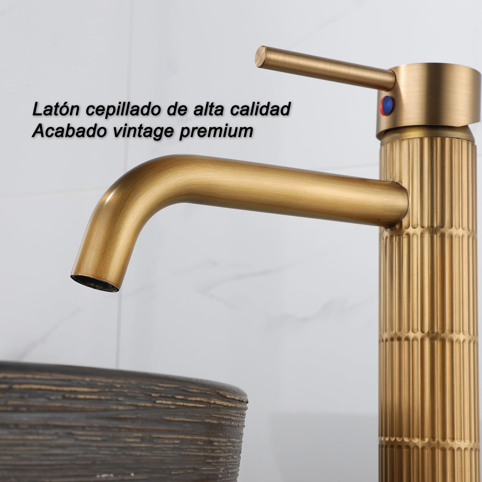 Grifo de lavabo alto monomando con cuerpo de latón, mezclador para lavabo sobre encimera, acabado vintage cepillado, cartucho cerámico (Bronce cepillado, Alto) — view 3