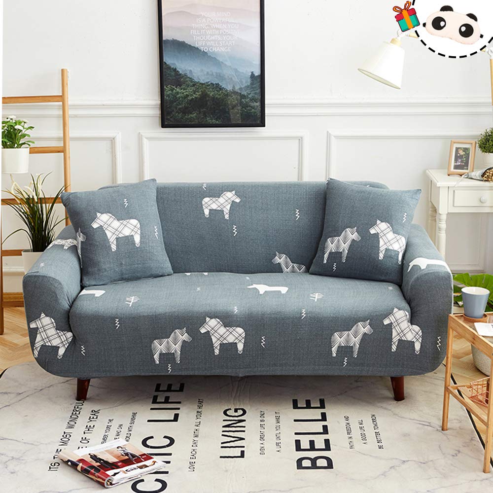 Housse de canapé élastique licorne grise extensible 2 places anti-dérapante