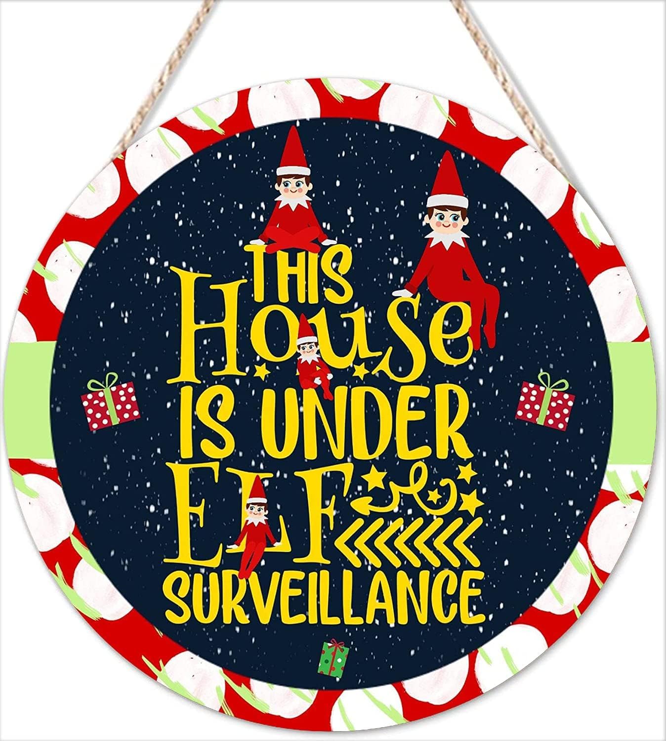 kisoyo Round Wooden Plaque Sign Elf Surveillance Wreath Sign Wooden Hanging Sign Wall Decor for Home Kitchen Garden Bar Cafe Retro Christmas Decoration Gift 10"x10"