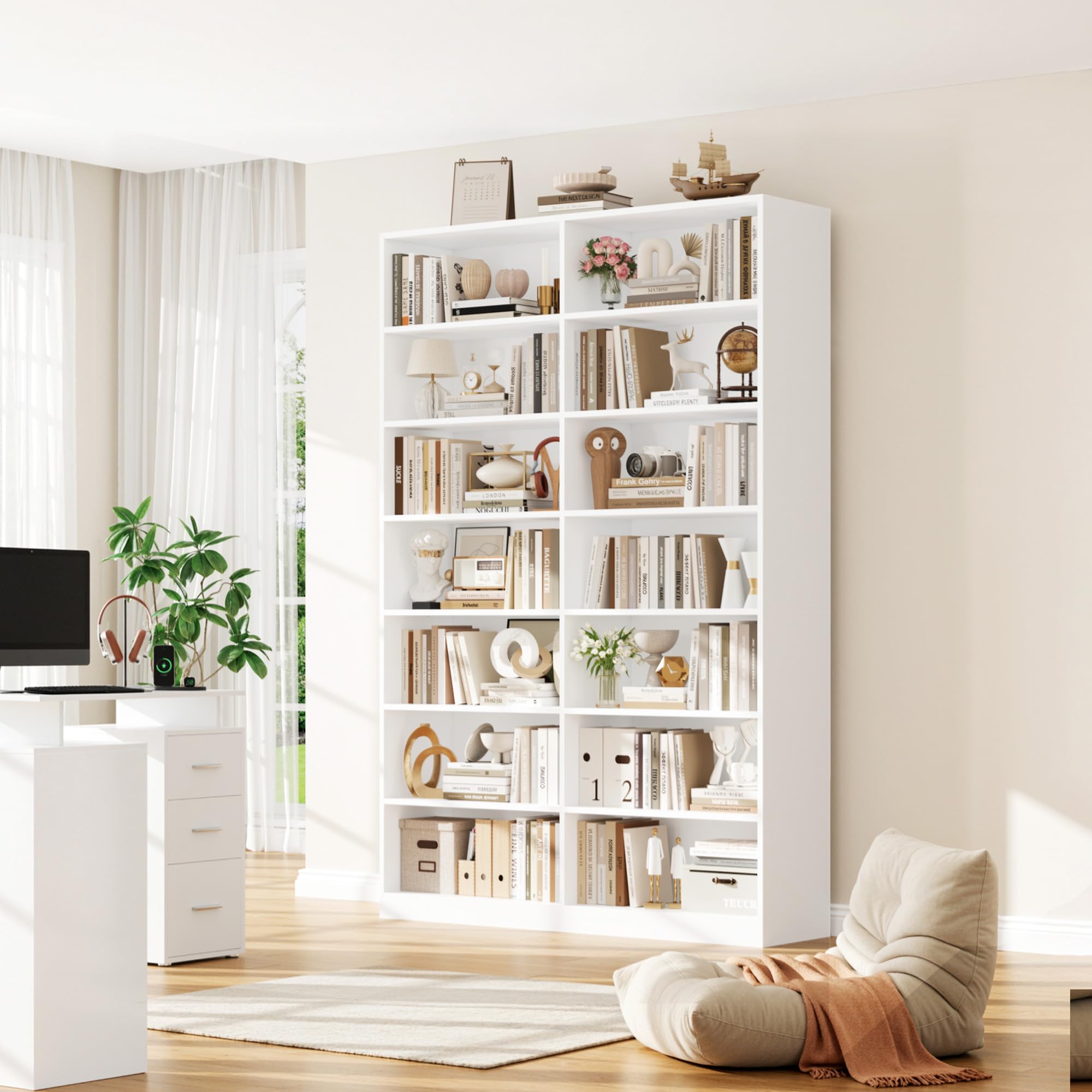 FirFurd 212 cm Libreria Verticale a 7 Ripiani, Libreria da Parete | Vetrina Espositiva a 14 Scomparti Aperti,Divisorio per Ambienti,per Soggiorno, Studio, Cucina, Ufficio,116x28.5x212 cm