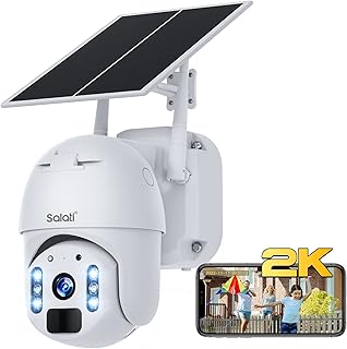 SALATI Solar Security Camera Outdoor with 360° PTZ, 2K 4MP WiFi Rechargeable Battery Wireless Solar Camera, Color Night Vision, PIR Motion Detection, Two-way Talk, Remote Access, Cloud/SD Storage