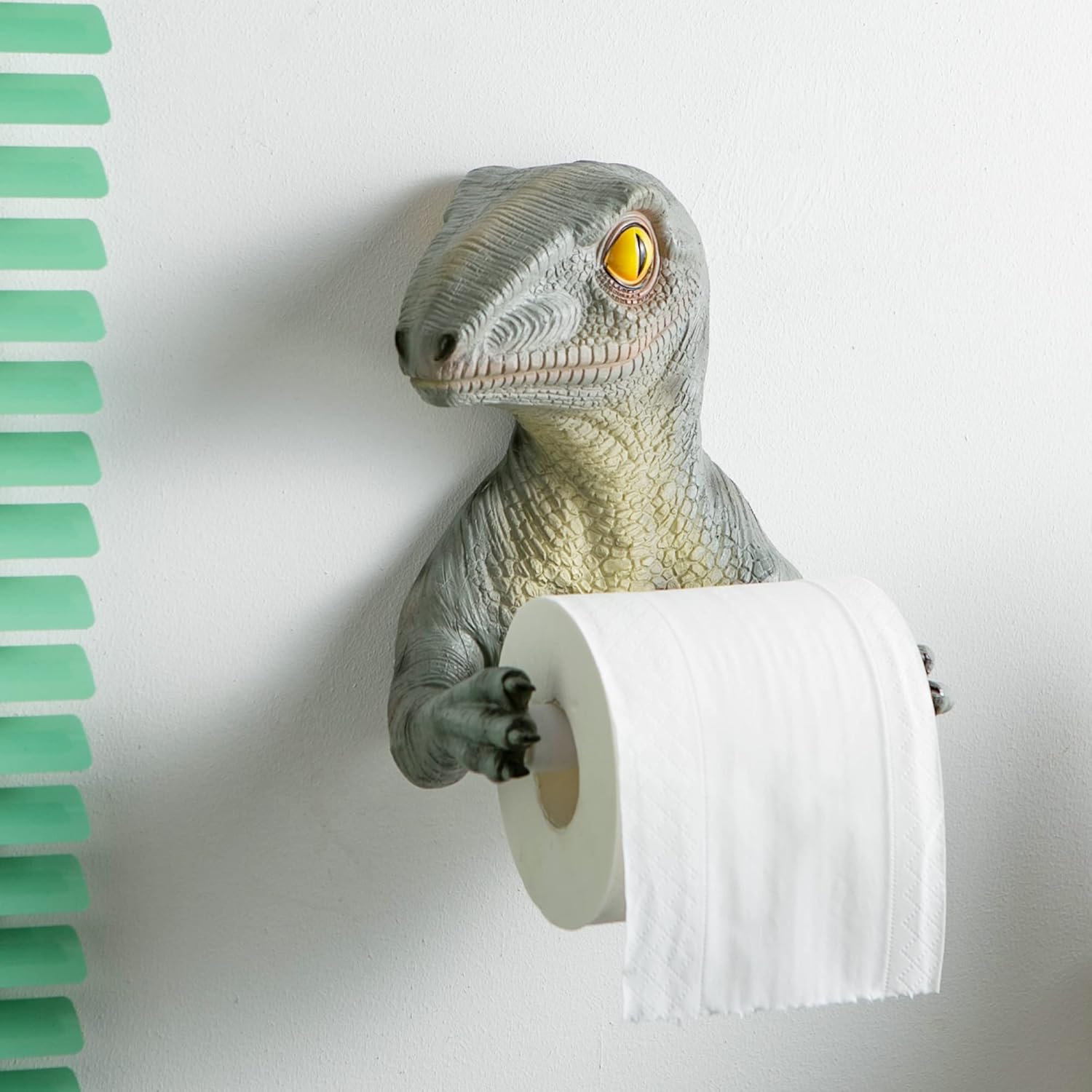 Dinosaur Toilet Paper Holder Wall Mount, Bathroom and Bedroom Decor Towel Holder, Dino Holding Roll of Toilet Tissue - 6.5 Inch Plastic Spring No Drilling