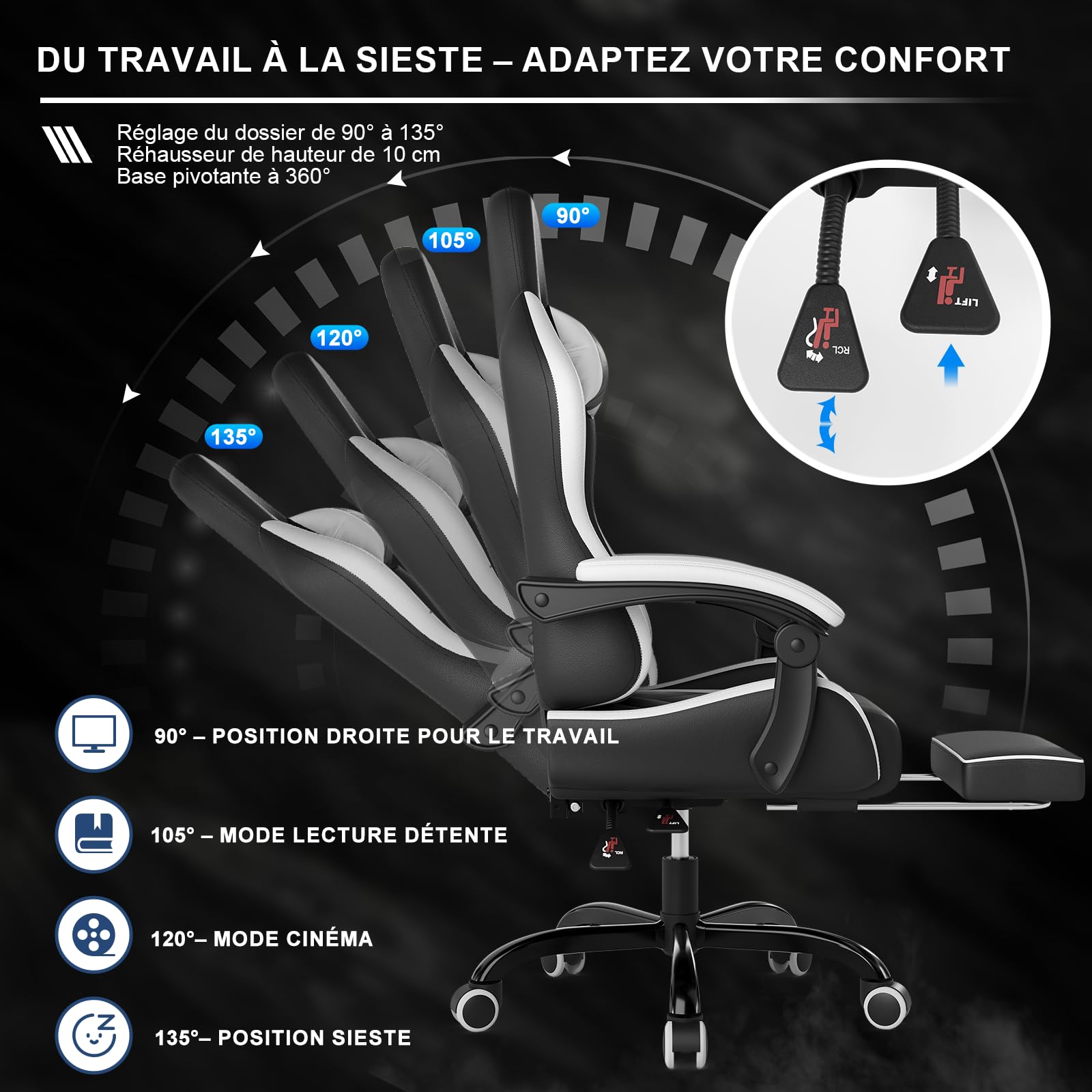 Devoko Chaise Gaming Ergonomique avec Massage Lombaire, Siège Gamer Inclinable 135°, Repose-Pieds, Appui-Tête Réglable, Fauteuil Gaming Adulte en Similicuir, Chaise Bureau Gaming Confortable, Blanc