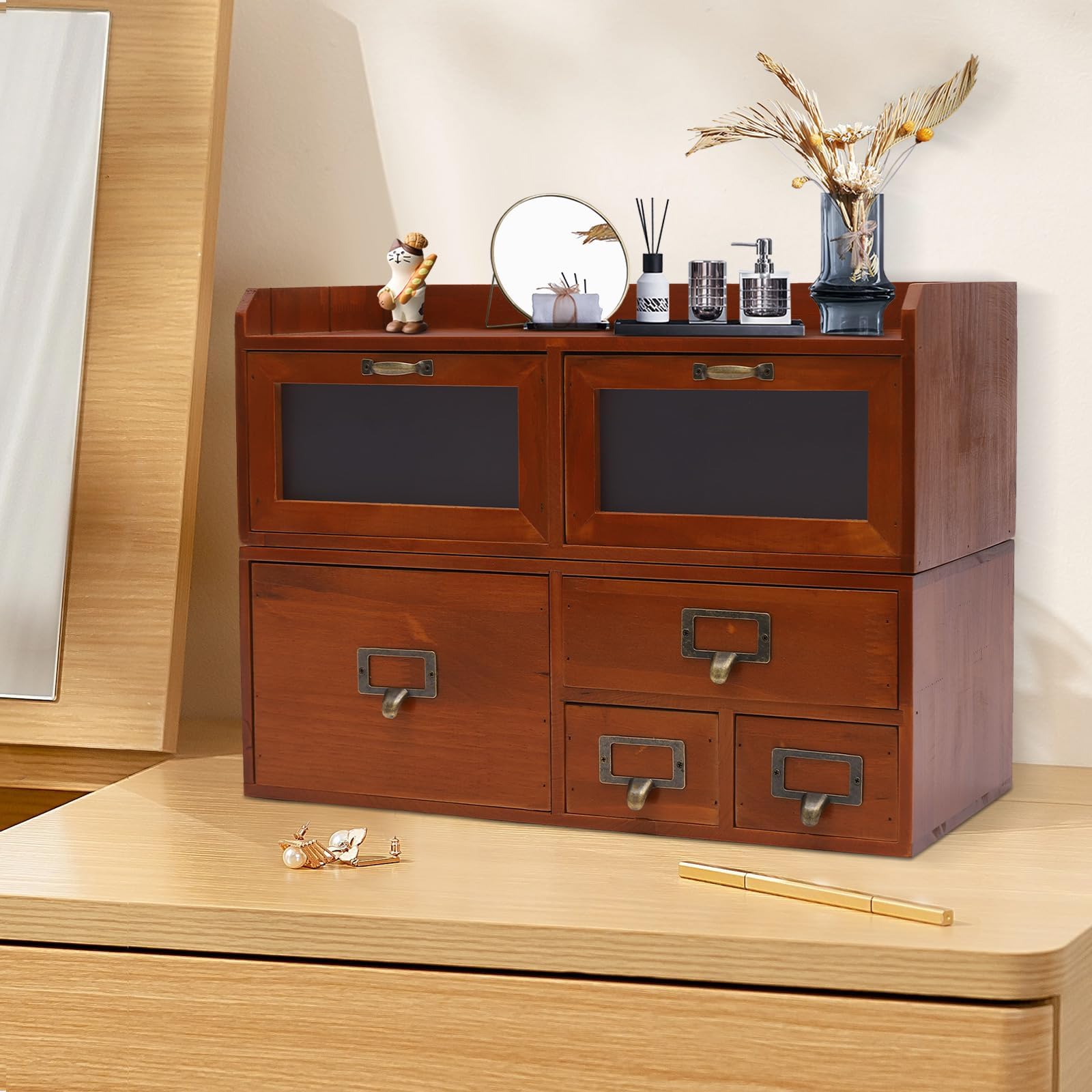 COYEUX Scatola da Tavolo in Legno Vintage, Scatola da Tavolo in Legno con 6 cassetti, cassetti di Raccolta per la conservazione di Forniture Scolastiche e per Ufficio