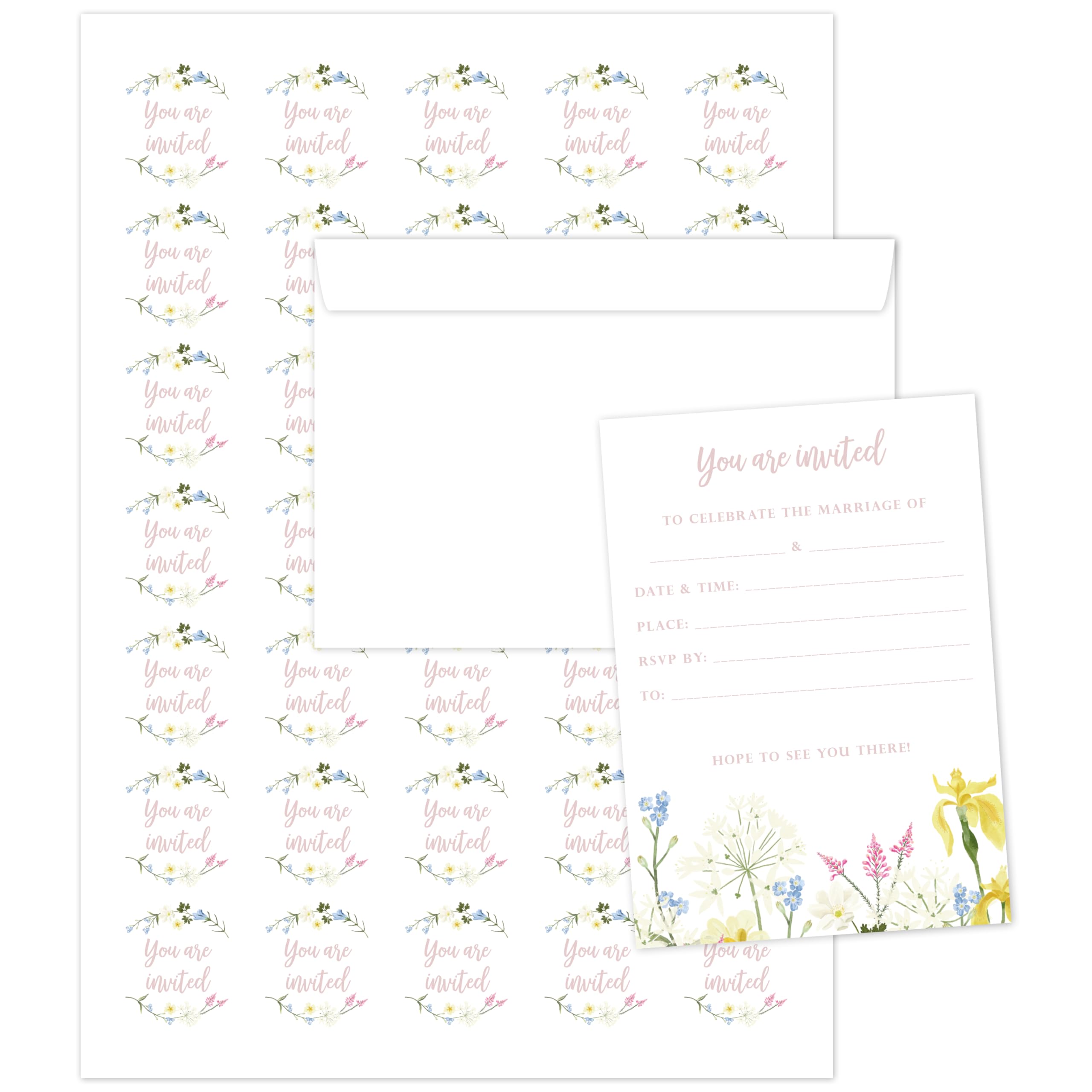 Manta Makes wedding invitations with envelopes, classic simple and elegant wedding invites with envelopes and stickers, wedding invitation cards (Wildflower 50 pack)