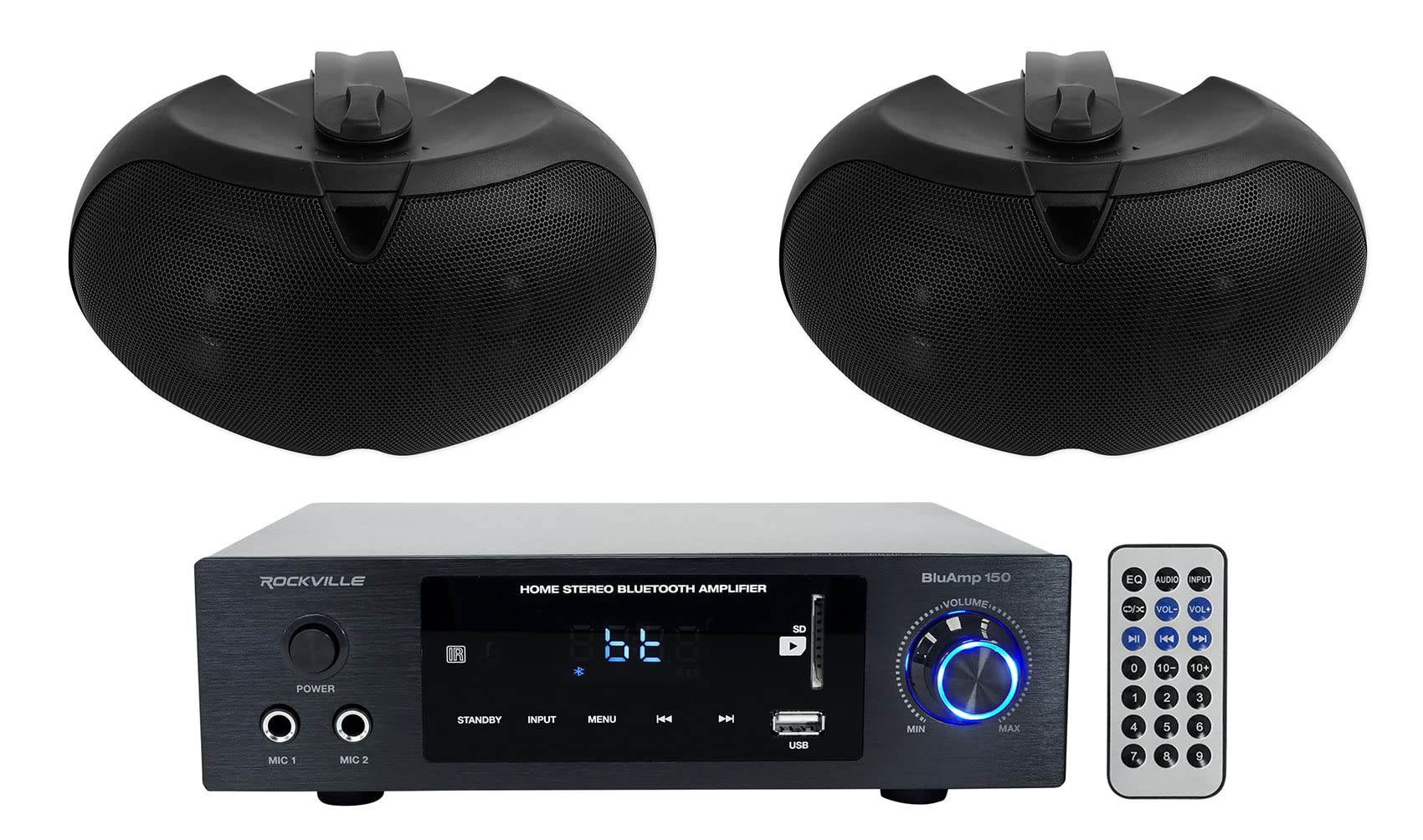 (1) Rockville BLUAMP 150 Home Stereo Bluetooth Amplifier Receiver Optical/Phono/RCA Bundle with (2) Rockville D4-8 Black Dual 4