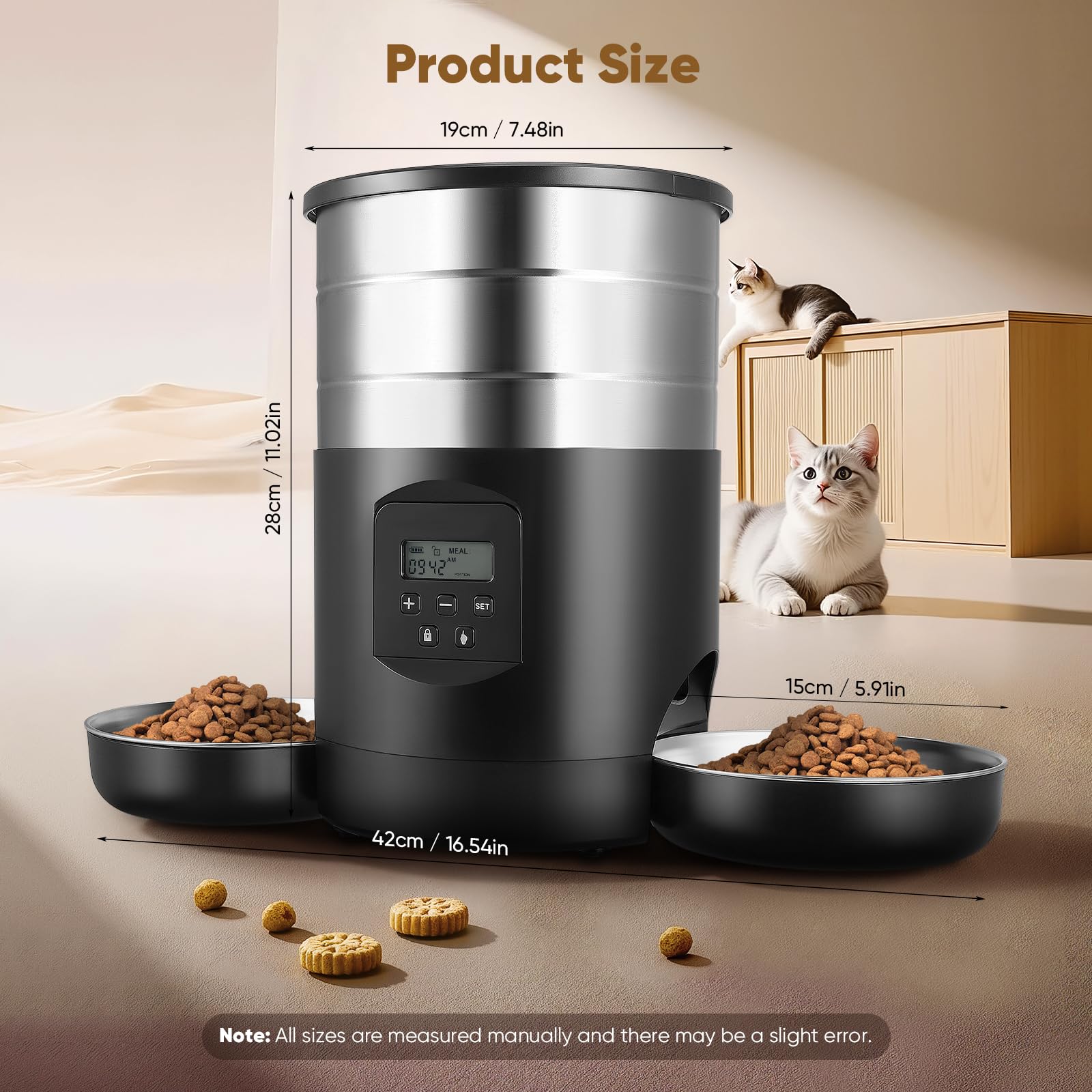 Comedero Automático Gatos 5L con 2 Cuencos, WiFi 2.4G & App Temporizador, Dobles Cuencos Interior Comedero Inteligente, Alimentación Doble con Control de Botones