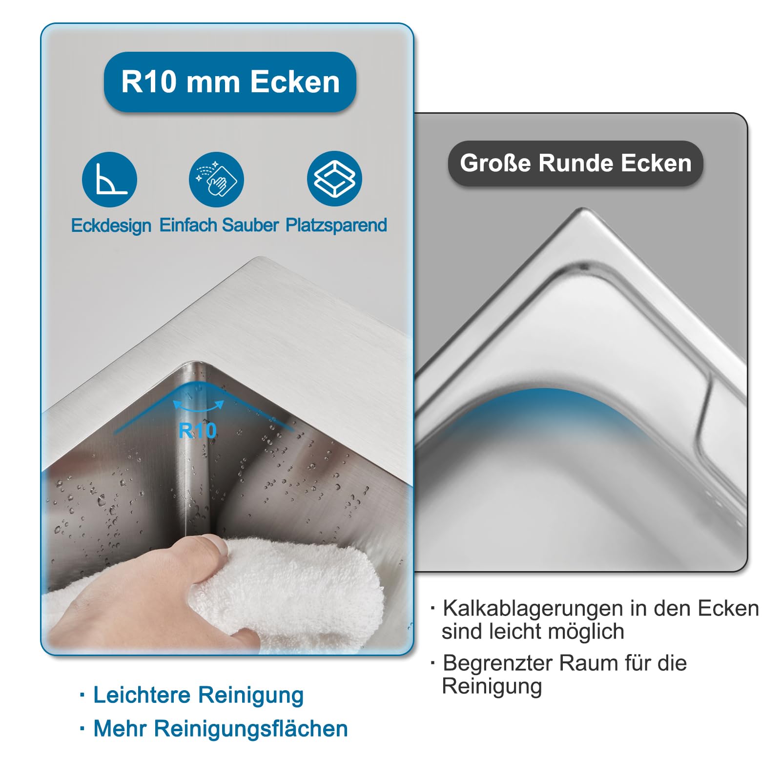 ROVOGO Küchenspüle 40 x 34 cm Edelstahl 304 Gebürstet, Einbauspüle 1 Becken Rechteckig mit Armaturloch, Ablaufgarnitur und Überlauf-Set