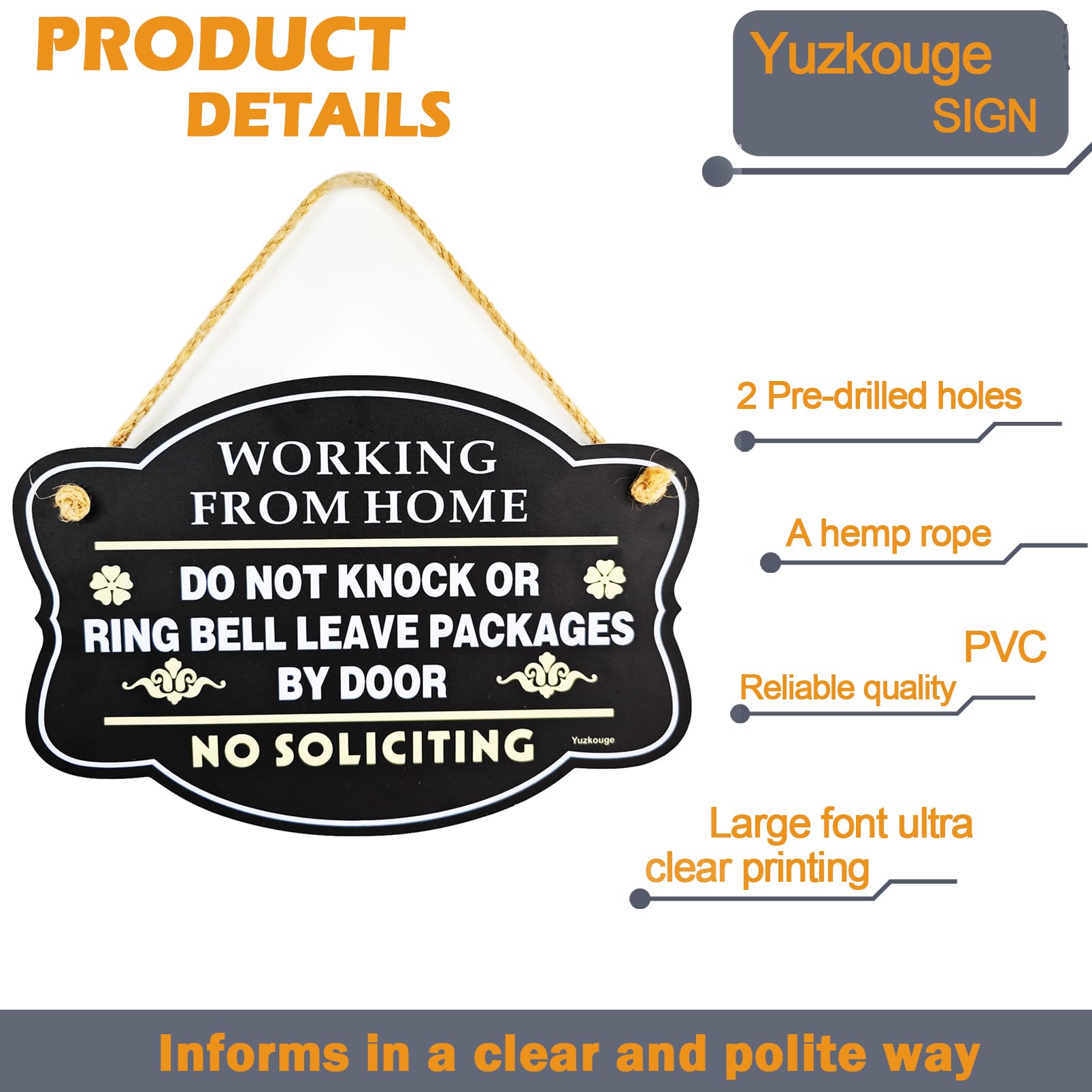 Yuzkouge Working From Home Sign, No Soliciting, PVC Material, 10” x 7” Double-Sided Privacy Sign for Door Black, Minimalist Style - Image 4