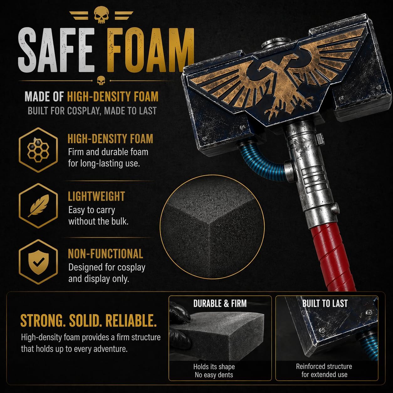29.5" Foam Thunder Hammer Prop – Sci-Fi War Hammer Cosplay Weapon, High-Density Foam, Non-Functional Display for Adults, Costume, Photoshoot & Collection