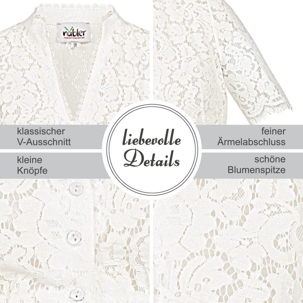 Nübler Dirndlbluse Melani - Damen Trachtenbluse Kurzarm mit Spitze, Stehkragen & V-Ausschnitt, edler Landhausstil - Moderne bayrische Tracht für Dirndl & Festliche Anlässe