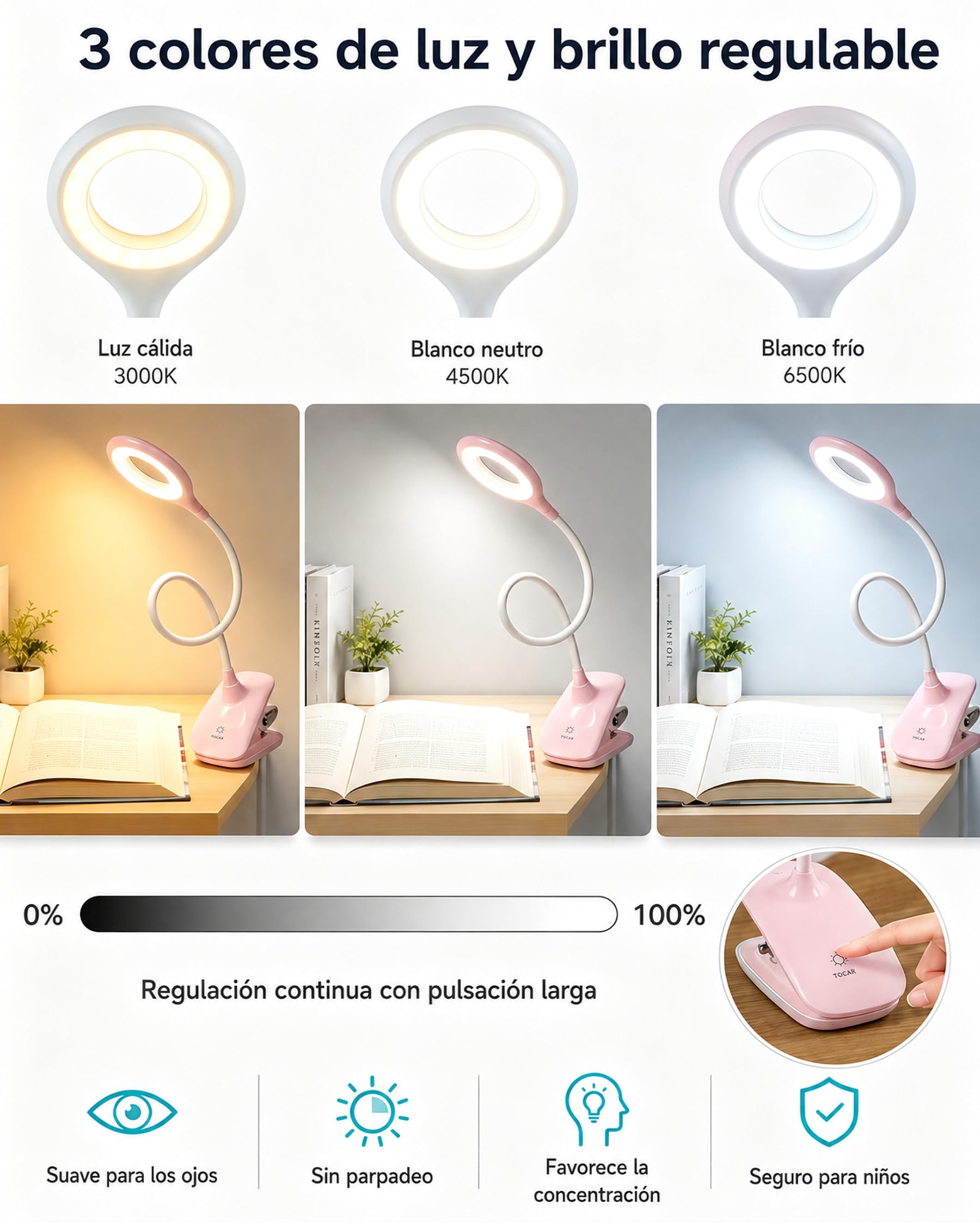 Lámpara LED de Escritorio con Pinza para Niños, Luz de Lectura Recargable USB, 3 Modos de Luz, Cuello Flexible 360°, Batería 2200mAh, para Estudiar, Leer en Cama y Trabajar, Rosa