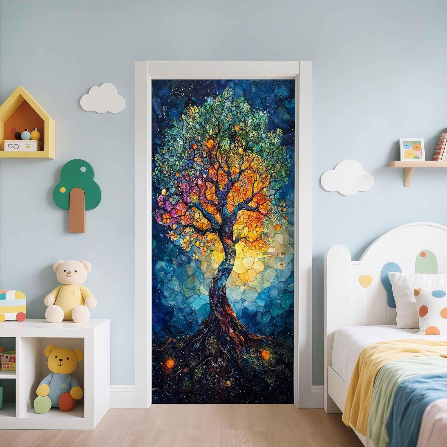 Tree of Life 3D Door Stickers Murals Stained Glass Door Sticker Peel and Stick Colorful Tree Wallpaper Self-Adhesive Removable Murals for Bedroom Living Room Decor 36"x80"