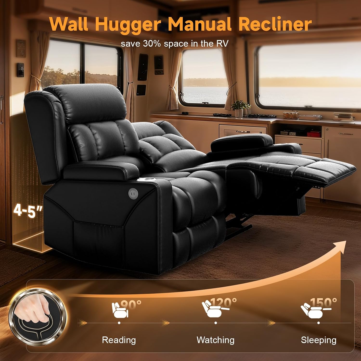 RV Reclining Loveseat with USB Pockets Cup Holders 150° Adjustable for Trailers & Home