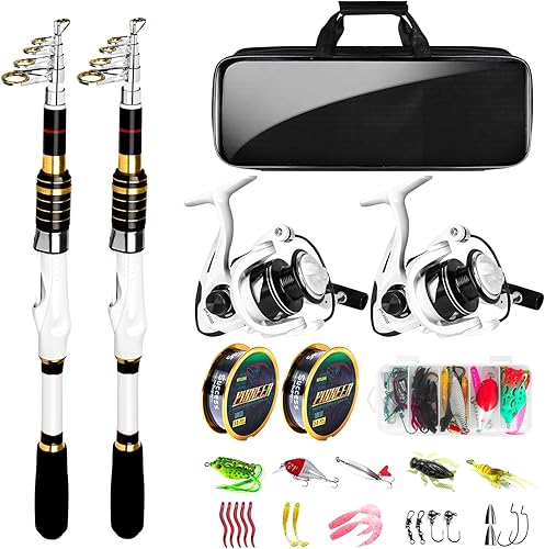 White Fishing Pole Combo, 2PCS 5.9FT 6.89FT Telescopic Fishing Rod and Reel Combo Spinning Reels Lures Set Fishing Line Carrier Bag for Travel