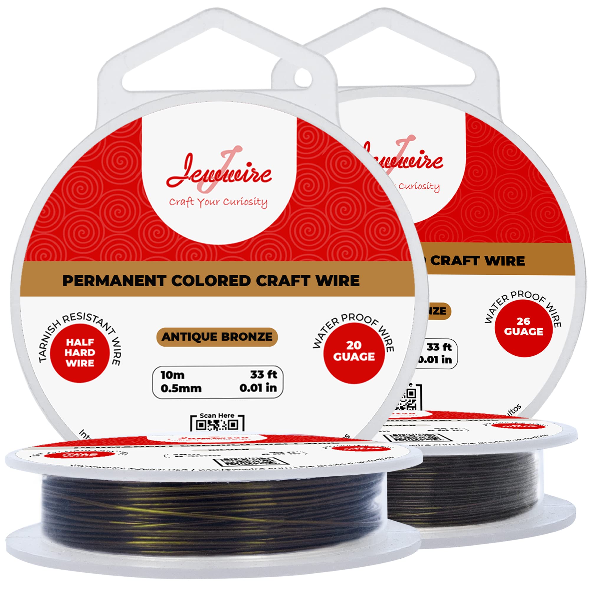 2 Rolls All-Purpose Craft Wire, 20 Gauge & 26 Gauge Beading Wire, Tarnish Resistant, 10m Bronze Crafting Wire, Copper Wire for Jewelry Making