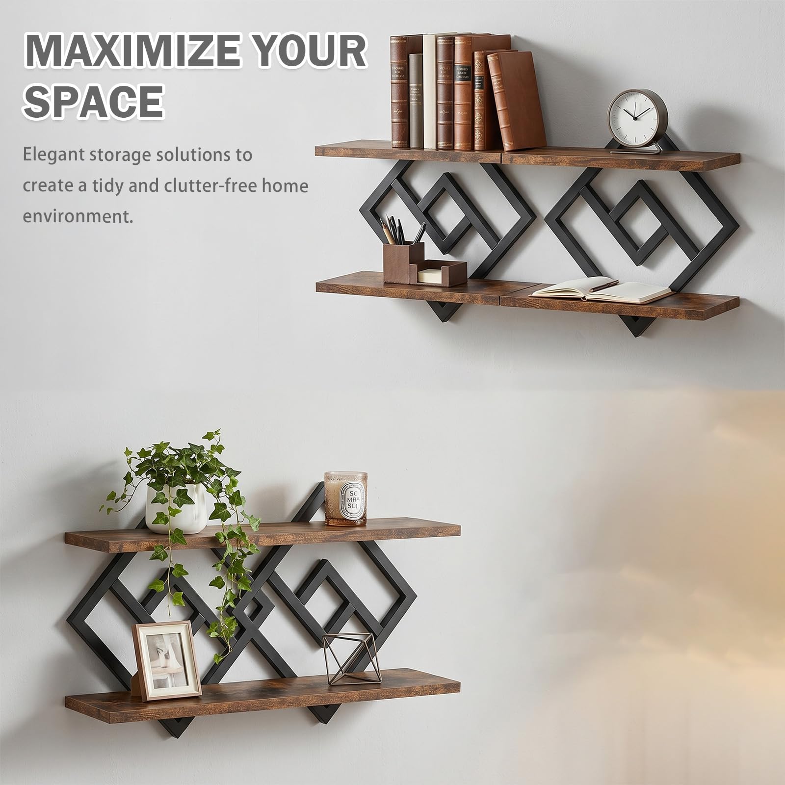 Juego de 2 estantes de pared de madera y metal, estantes flotantes, estantes flotantes de roble, para salón, cocina, dormitorio, oficina, retro, marrón y negro (marrón negro-2)