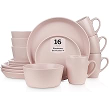 Stone Lain Albie Stoneware 16-Piece Modern Dinnerware Set, Kitchen Plates and Bowls Sets, Service for 4, Pink, Microwave & Dishwasher Safe