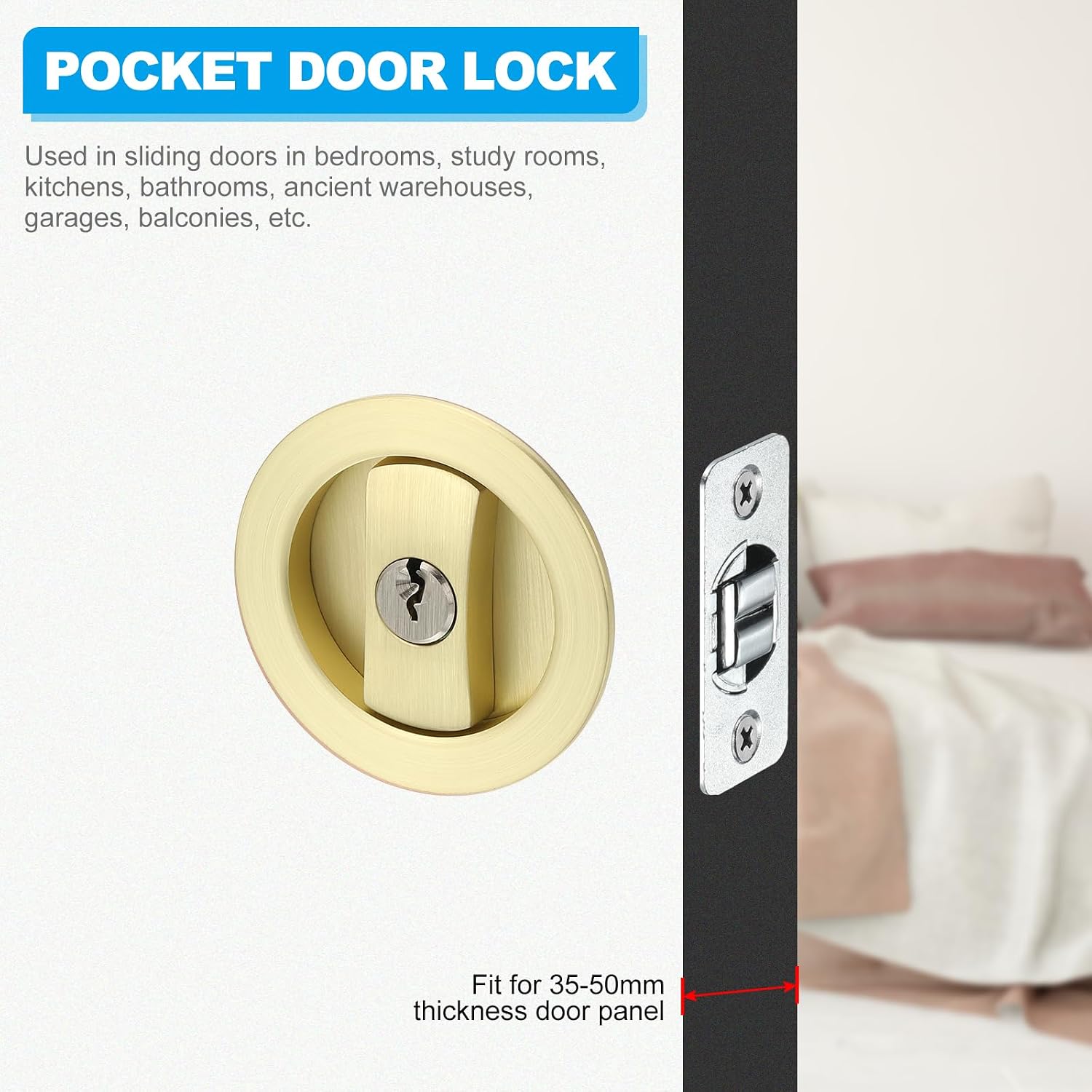 PATIKIL Round Recessed Door Lock with Keys, Pocket Door Lock Invisible Hardware Privacy Sliding Door Lock for Bathroom Bedroom Barn Door for 1-3/8" to 2" Thickness Door, Gold