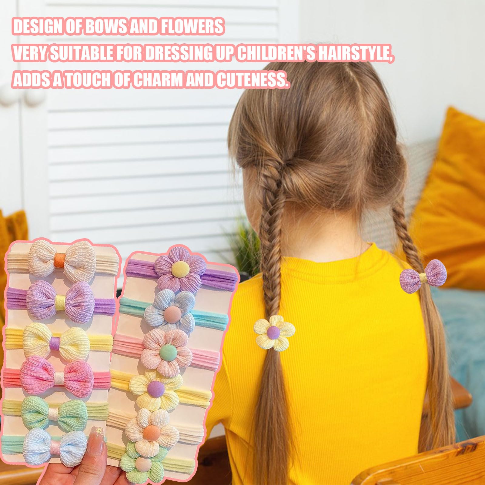 Kids Hair Bands,12PCS Seamless Bows and Flowers Toddler Elastic Hair Bobbles,Ponytail Holder Girls Hair Accessories for Baby Girls Infants Kids Children (Colorful Bow and Flower) - Image 2