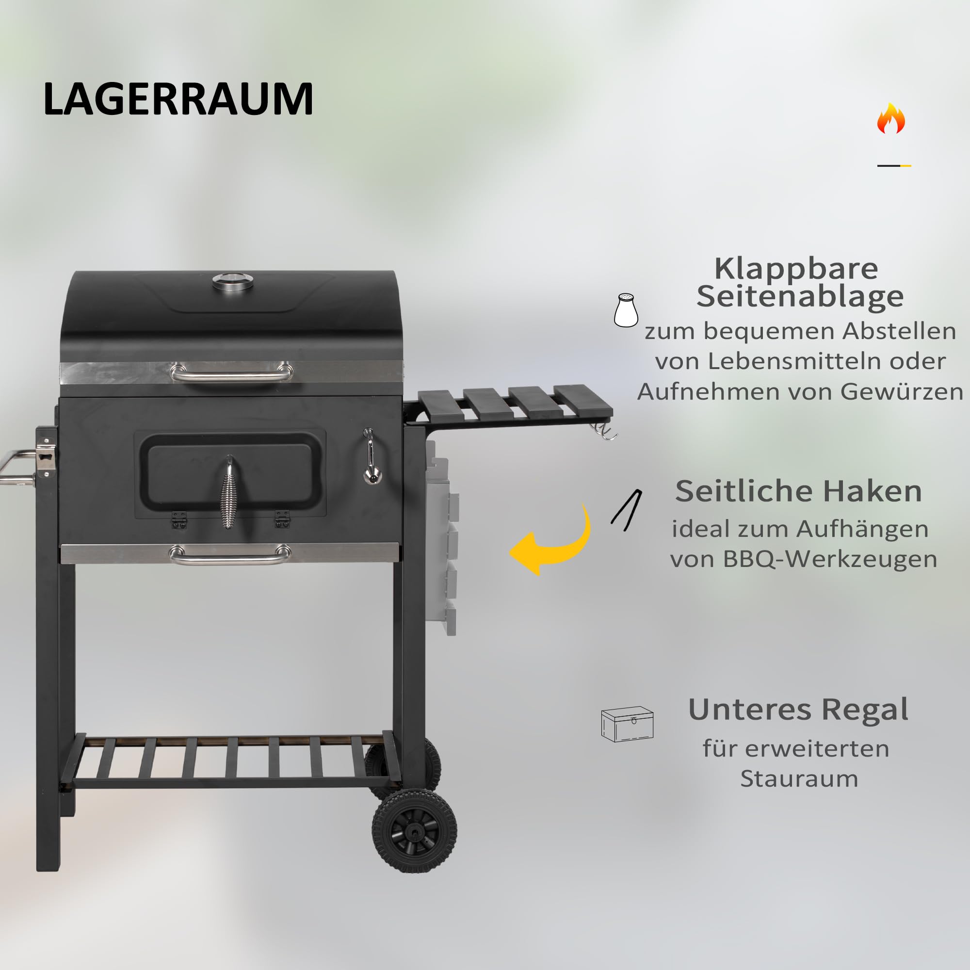 Outsunny Grill na węgiel drzewny ze stali nierdzewnej, BBQ Smoker z pokrywką, termometrem, kółkami, wanną węglową, uchwytem, półką, na wózek węglowy, grill stojący, na kemping, do ogrodu, 115 x 67 x