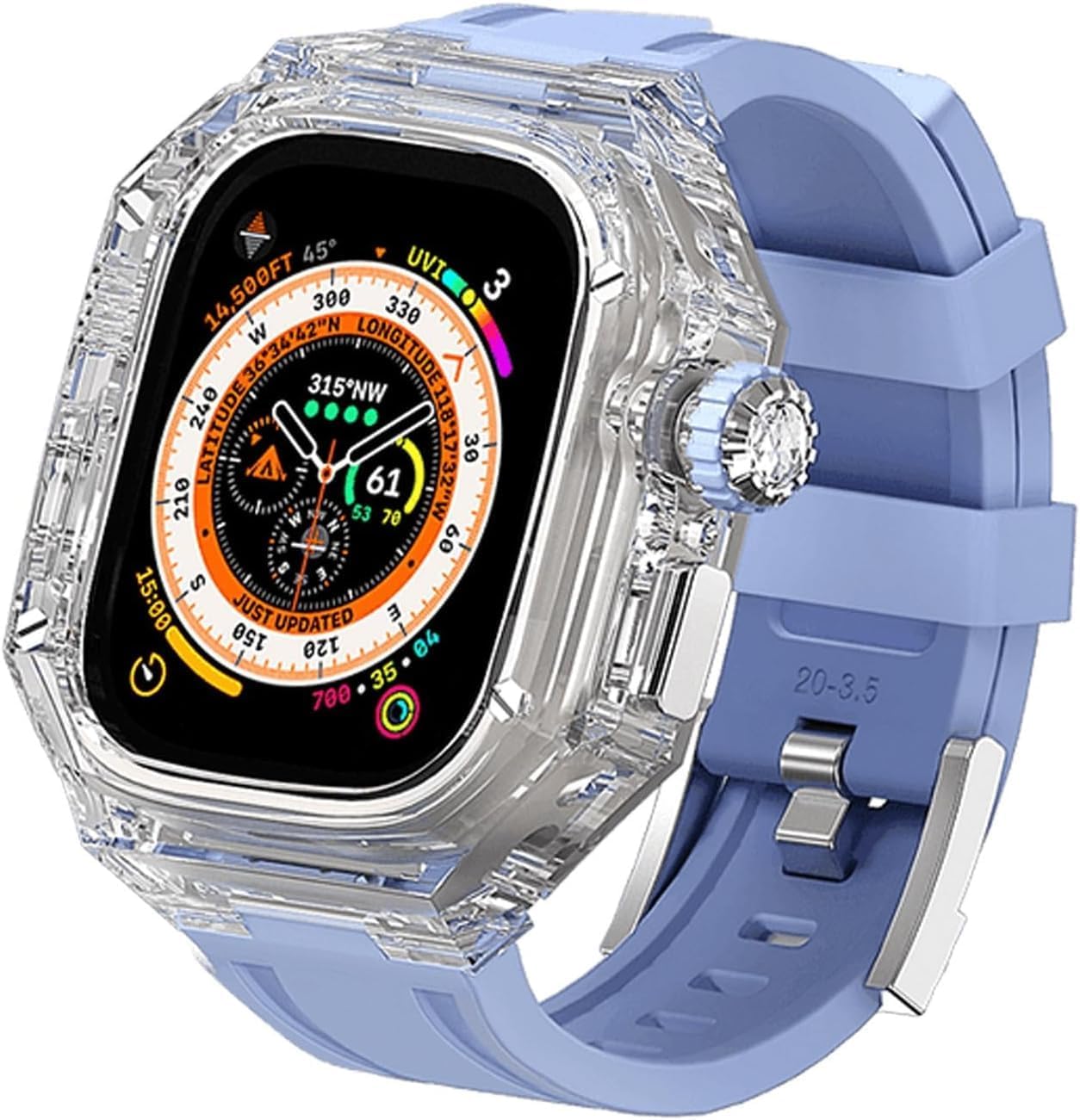 BUDAY Transparent Watch Case Rubber Band Mod Kit，For Apple Watch Series 9 8 7 6 5 4 SE Replacement，Sport Straps Watch Case Metal Crown，For Iwatch Series 45mm 44mm Accessories