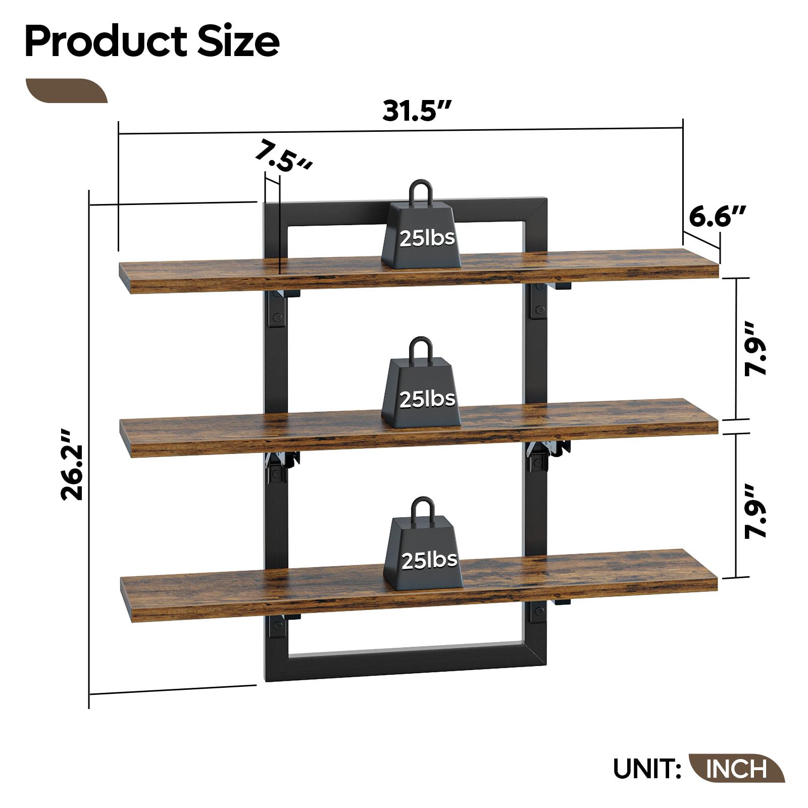 Bestier Floating Shelves for Wall, 32 inch Kitchen Shelves Wall Mounted, 3 Tier Coffee Bar Shelf with Foldable Brackets, Industrial Display Shelf for Bathroom, Living Room, Rustic Brown