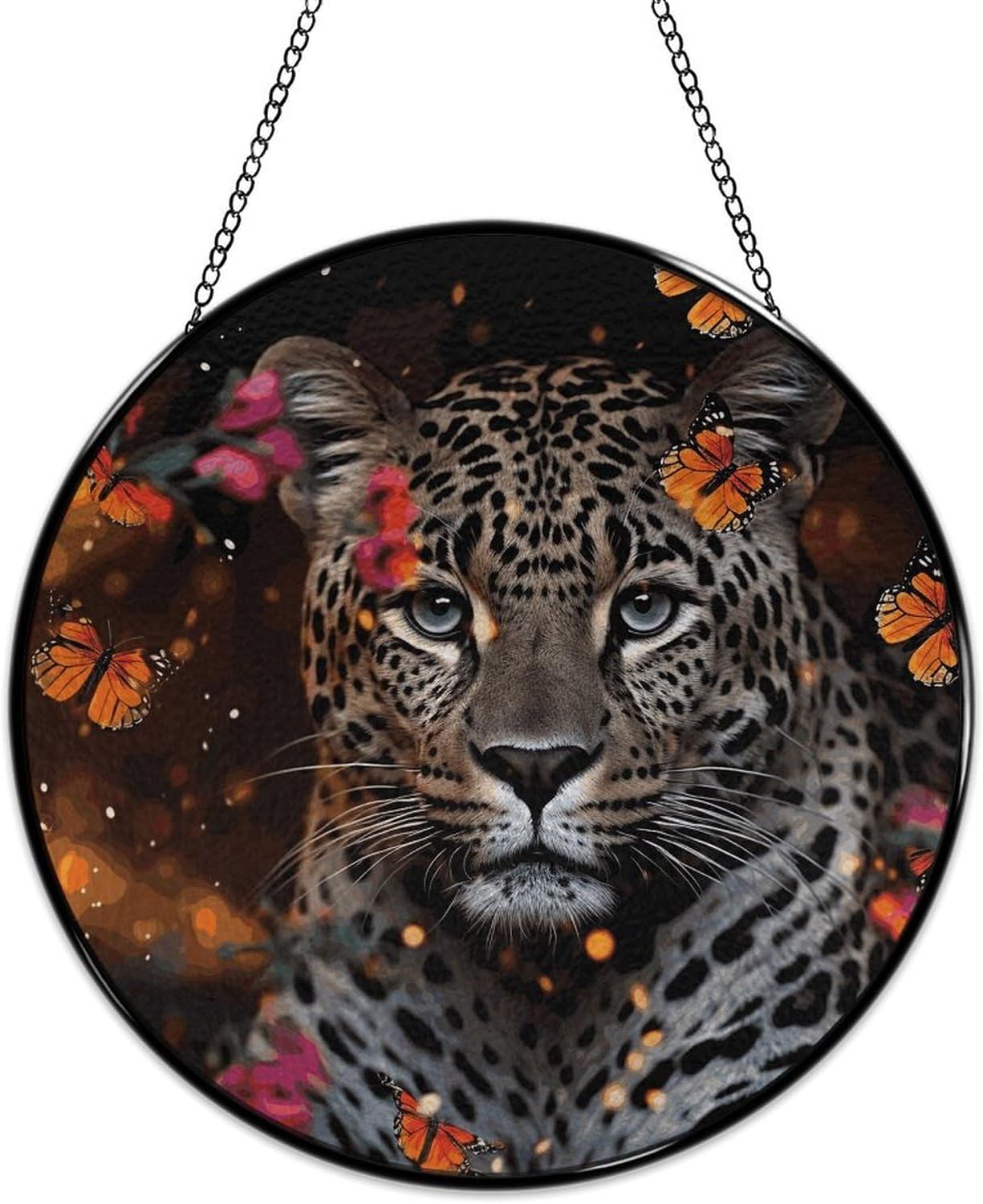 Stained Glass Hanging Sign Suncatcher, Leopard and Butterfly