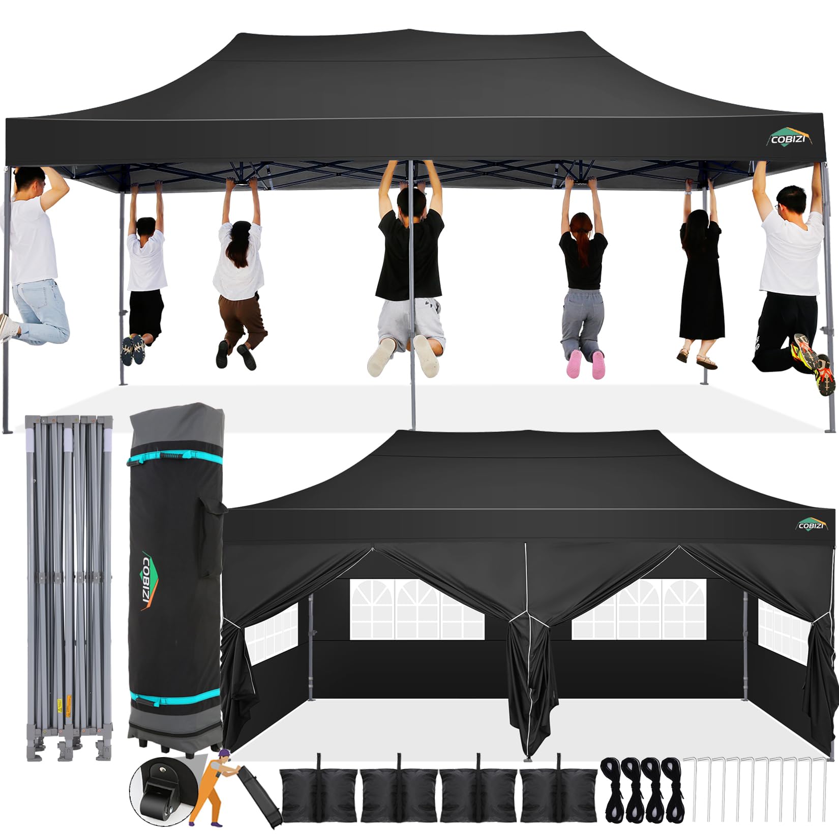 COBIZI Faltpavillon 3x6 Wasserdicht Stabil Winterfest mit Seitenwand,Pop Up Pavillon Partyzelt,Sonnenschutz Gartenpavillon,Pavillon Faltbar mit Tasche mit Rollen(3 mal 6m Schwarz)