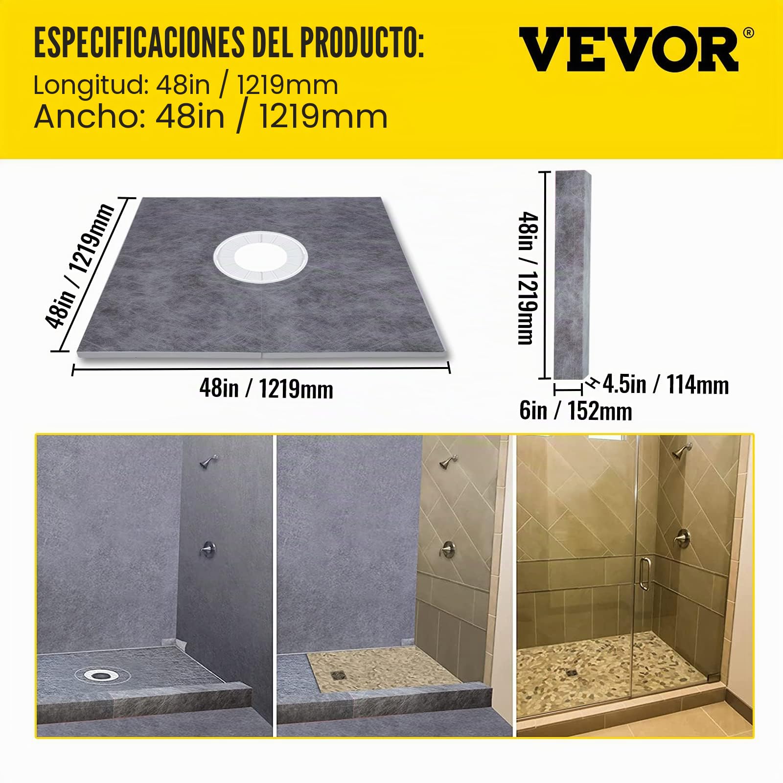 VEVOR Kit Plato de Ducha Umbral de Ducha Estanco 1219 x 1219 mm con Desagüe Central de PVC Rejilla de Acero Inoxidable de 10 cm 2 Bordes de Ducha Cortables y Llana Plato de Ducha para Baño