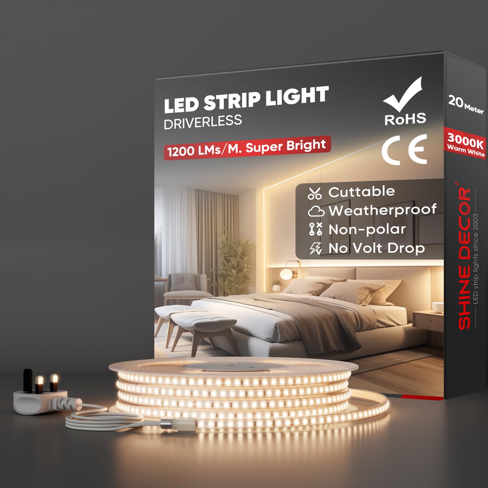Shine Decor 20m LED Strip Light, AC 220V 230V, IP65 Waterproof, SMD 2835, 120 LEDs/m, Ultra-Bright with UK Plug for Living Room, Kitchen, Wardrobe, Corridors and Garden (Warm White, CE Certified) — image 1